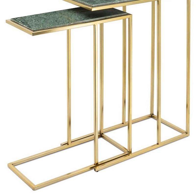 Hand-Carved Green Stone Set of 2 Side Table in Gold Finish