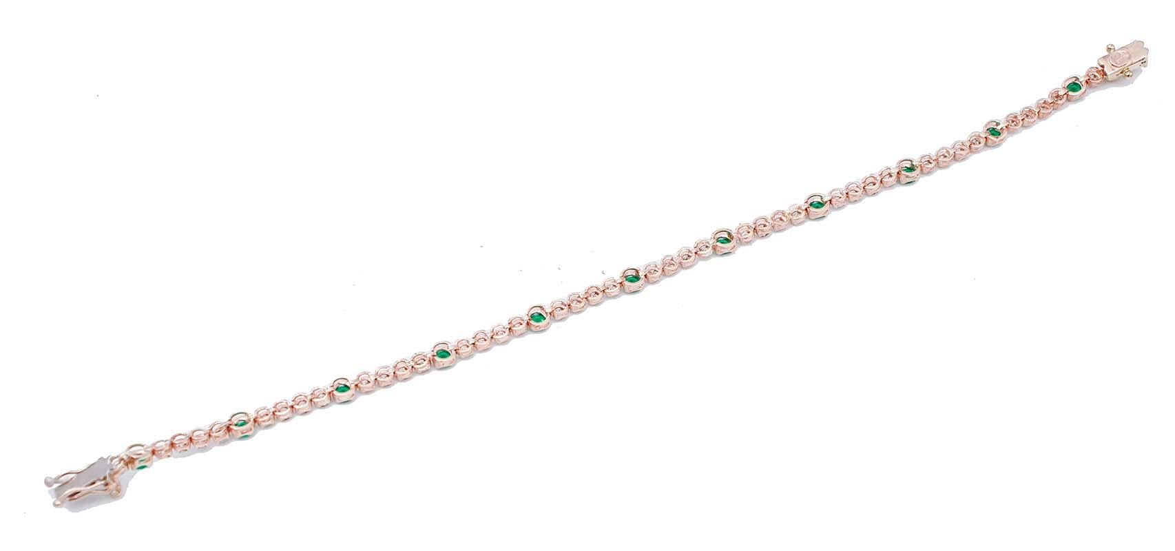 Retro Green Stones, Diamonds, 9 Karat Rose Gold Tennis Bracelet