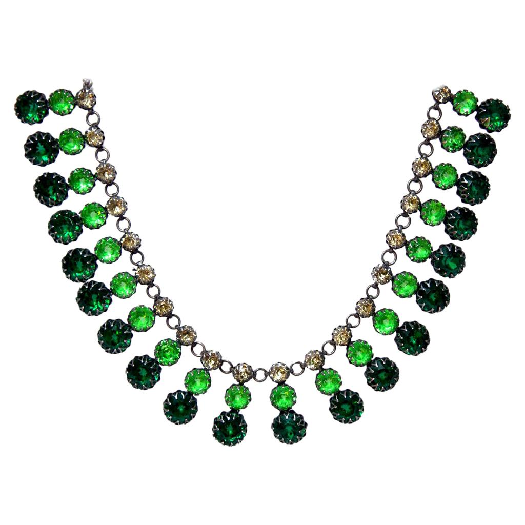 Collier de strass vert, collier en strass de Gablonz, Art déco, Allemagne, années 1920