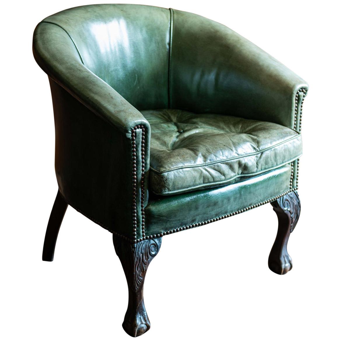 Green Studded Leather and Mahogany Tub Chair