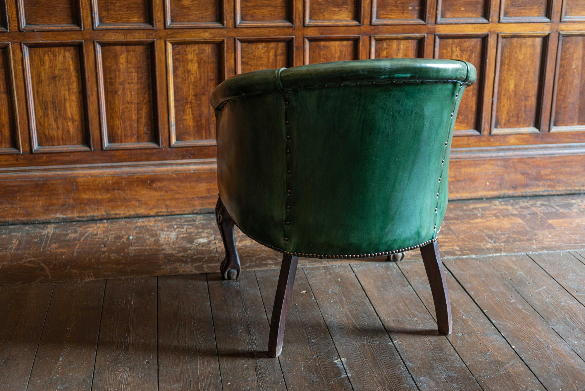 English Green Studded Leather and Mahogany Tub Chair