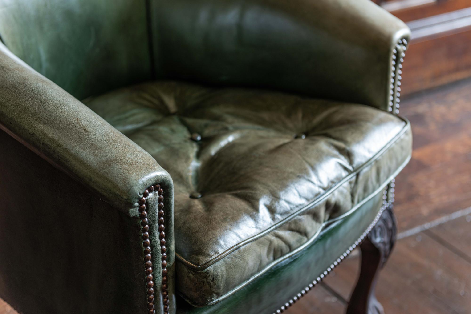 Green Studded Leather and Mahogany Tub Chair 1