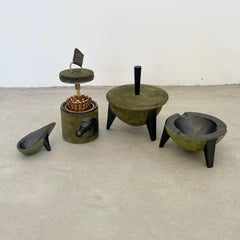 Juego de fumar de ante verde y cerámica de Longchamp, años 50 Francia