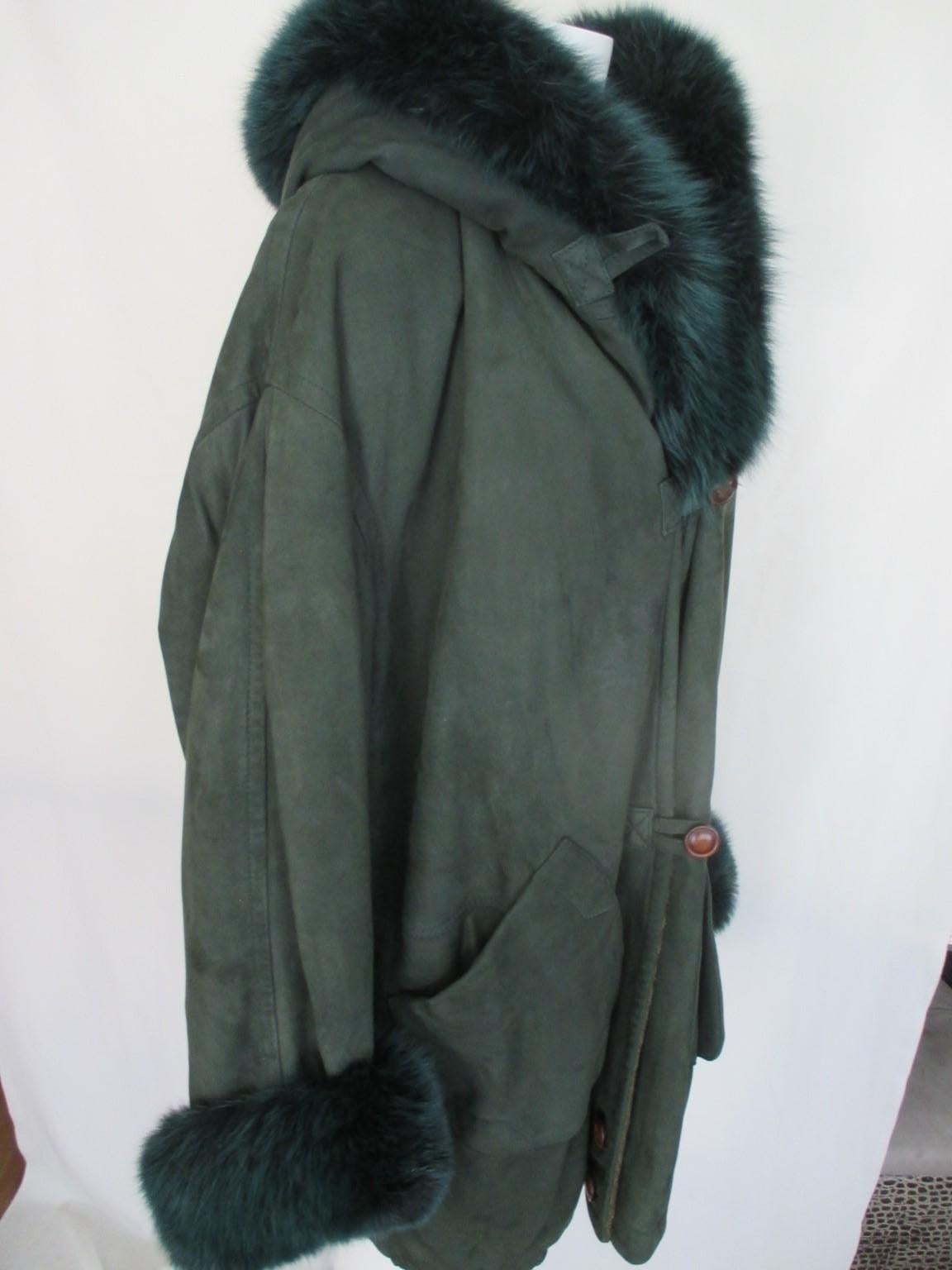 Green Suede Fox Fur Hooded Coat 5