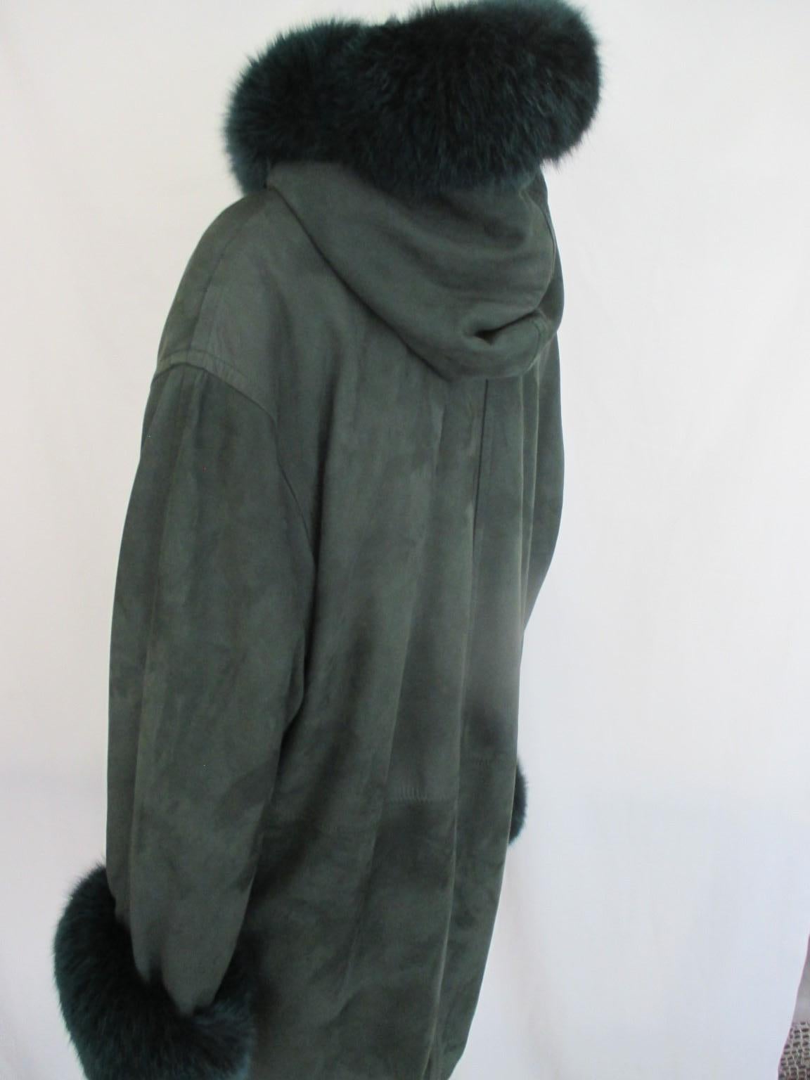 Black Green Suede Fox Fur Hooded Coat