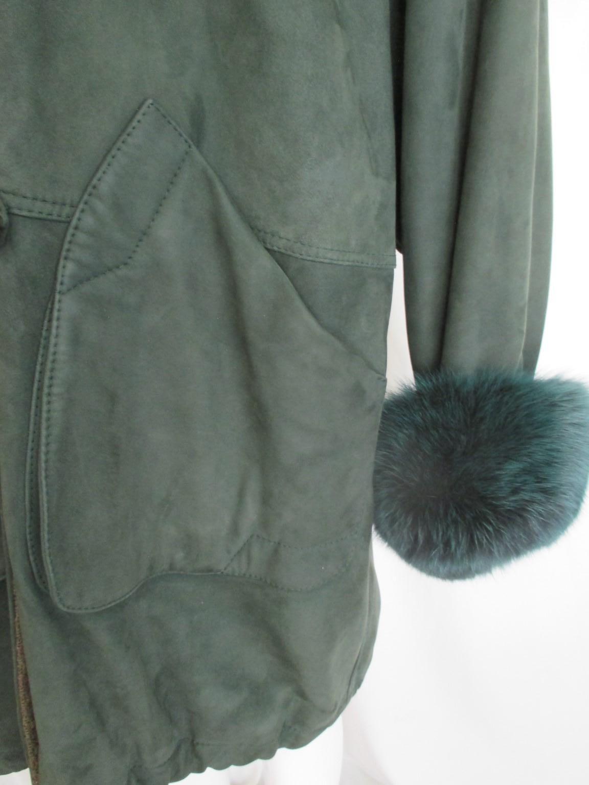 Green Suede Fox Fur Hooded Coat 4