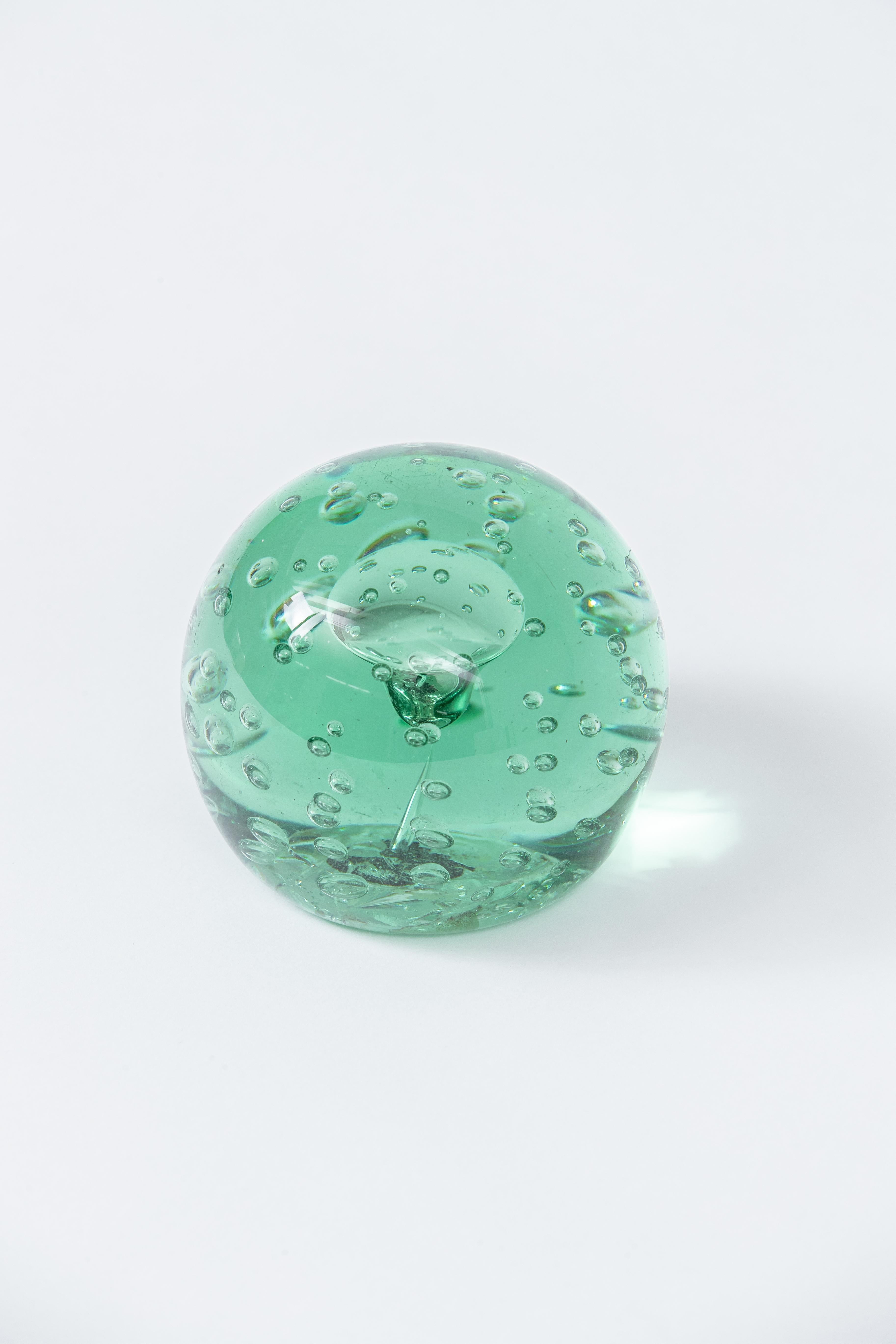 Mid-Century Modern Green Sulfur Glass Orb Paperweight Sculpture, Italy, 1960s
