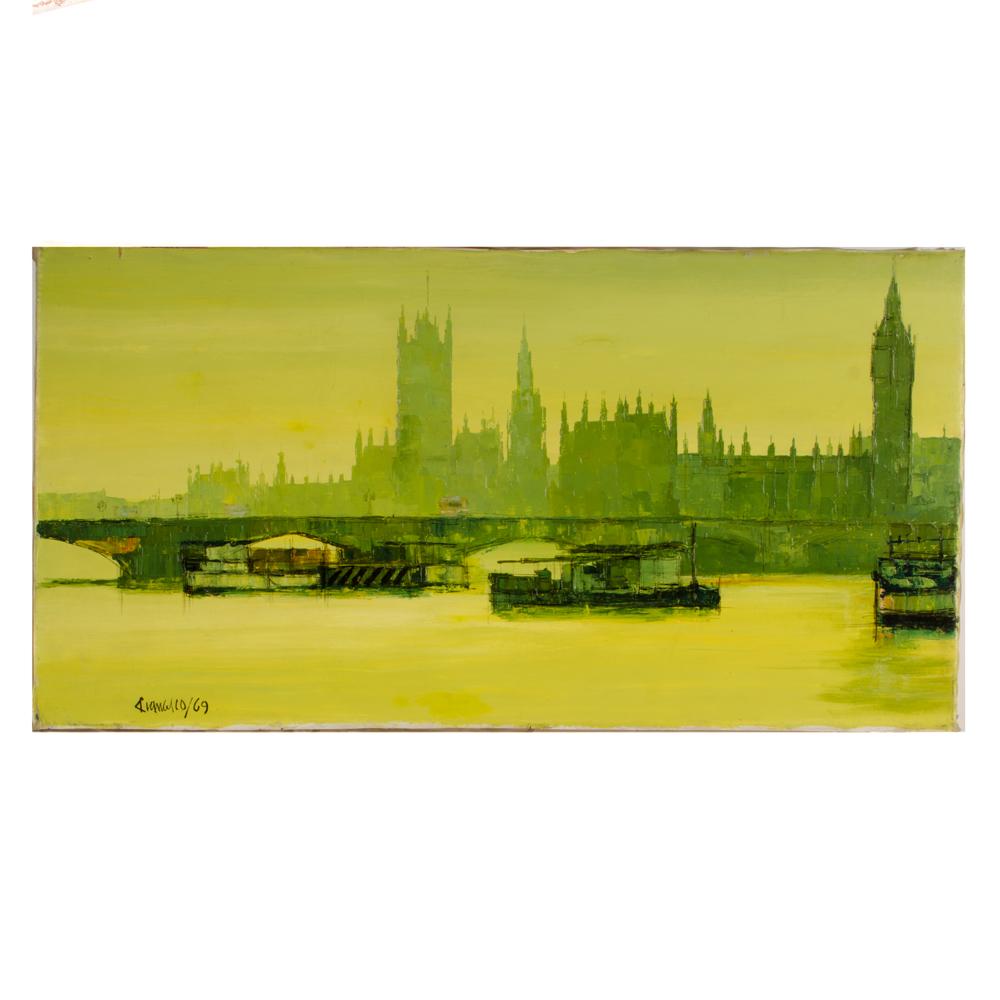 Green Sunset- Bright green London thames view of parliament and the Big Ben
 signed lower left and dated '69
 - Unframed.
 