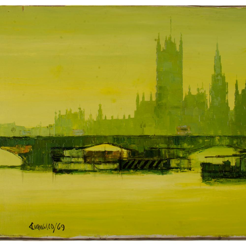 Mediados del siglo XX Óleo sobre lienzo Paisaje urbano de Londres. en venta 1