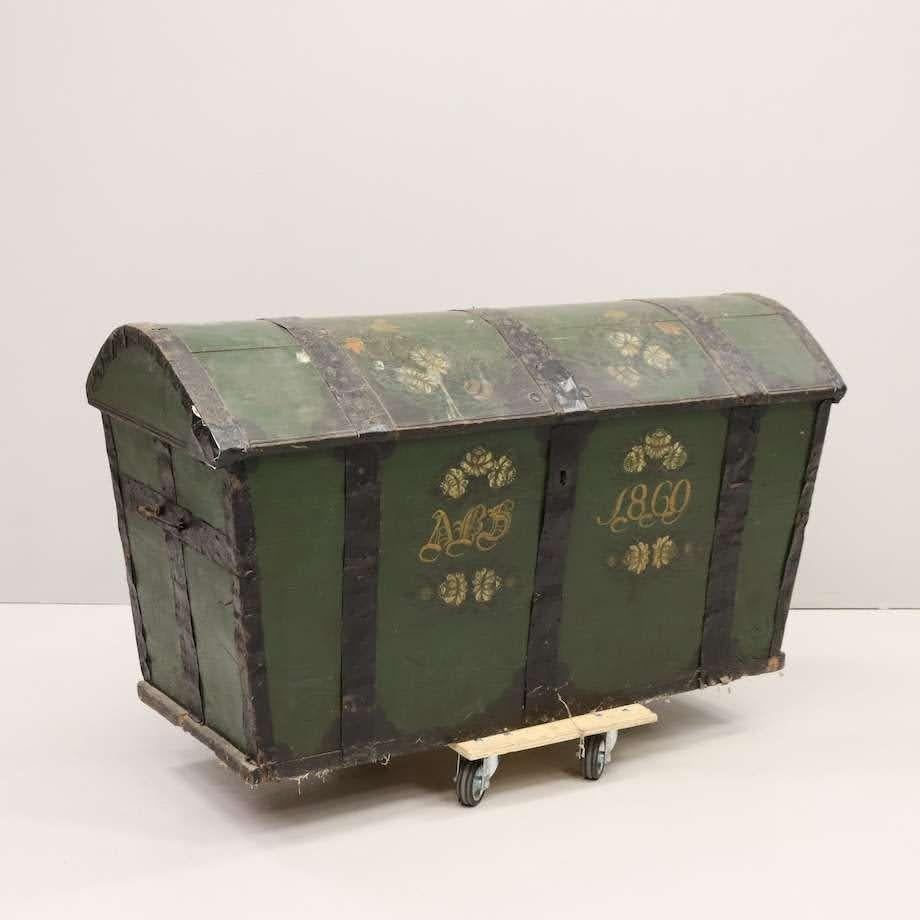 Gustavian Green Swedish Domed-Top Dowry Chest with Hand Painted Flourishes, Date ca. 1860 For Sale