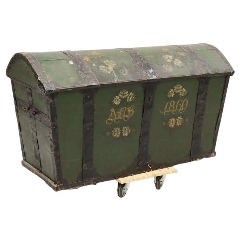 Green Swedish Domed-Top Dowry Chest with Hand Painted Flourishes, Date ca. 1860 For Sale