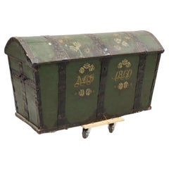 Green Swedish Domed-Top Dowry Chest with Hand Painted Flourishes, Date ca. 1860
