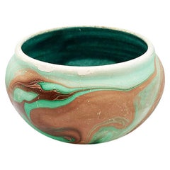 Green Swirl Ceramic Touring Pottery Folk Art Pot in Green and Brown