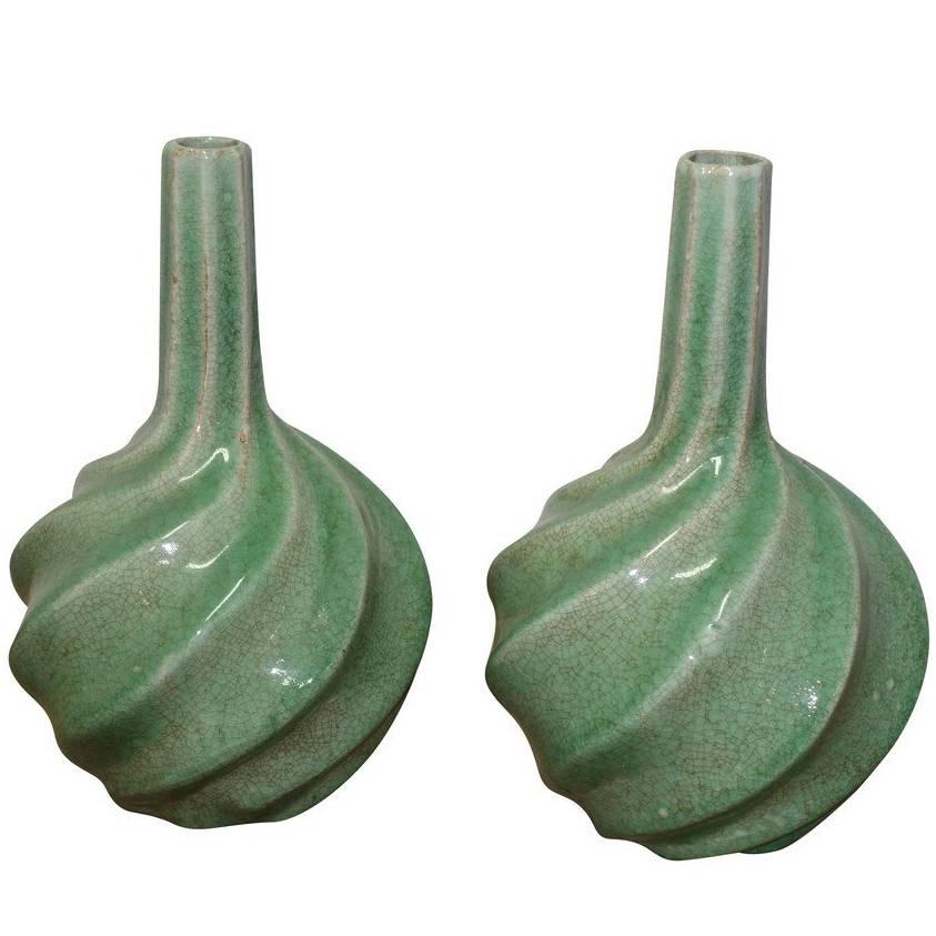 Green Swirl Pattern Pair of Vases, China, Contemporary