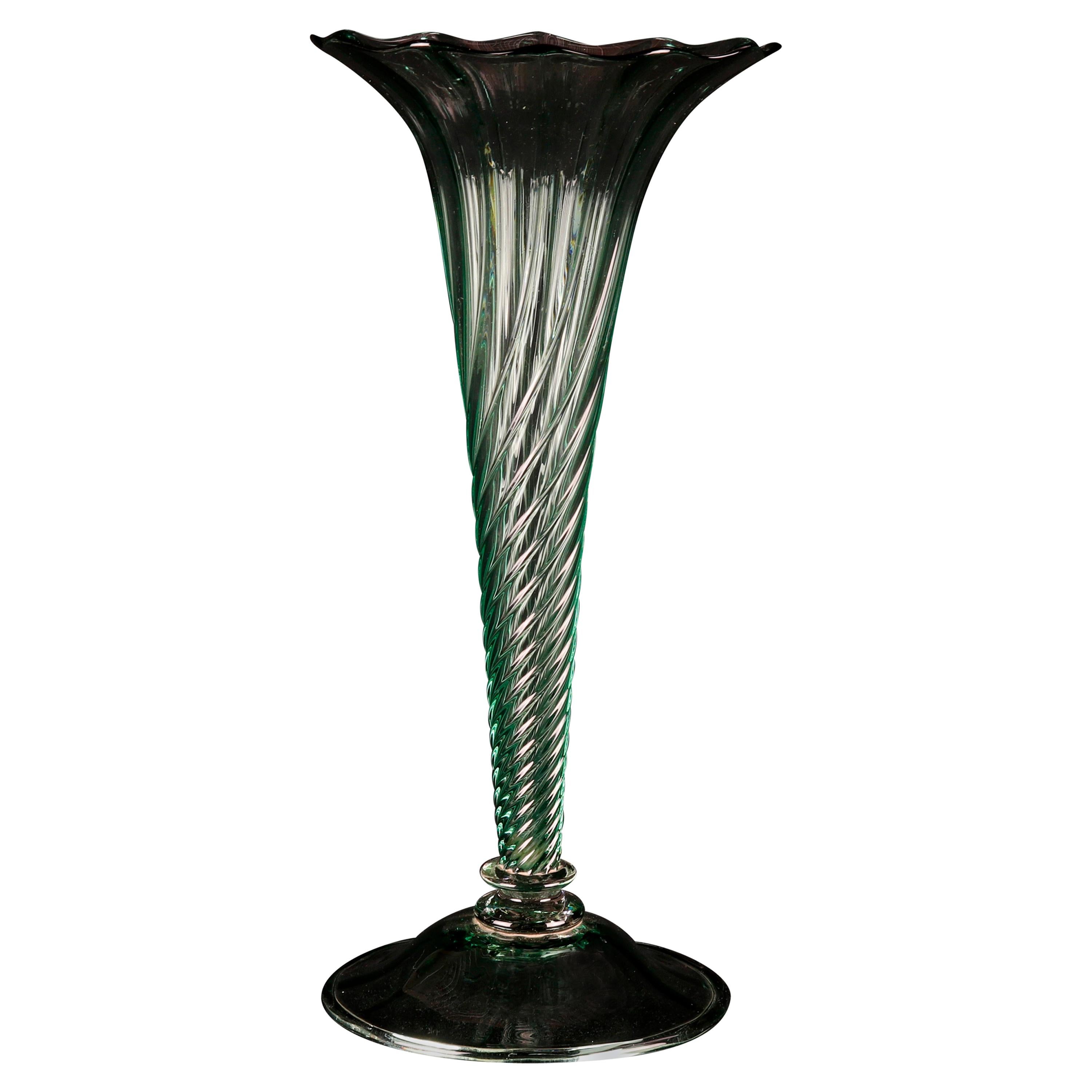 Green Swirl Steuben School Handcrafted Art Glass Trumpet Vase, 20th Century
