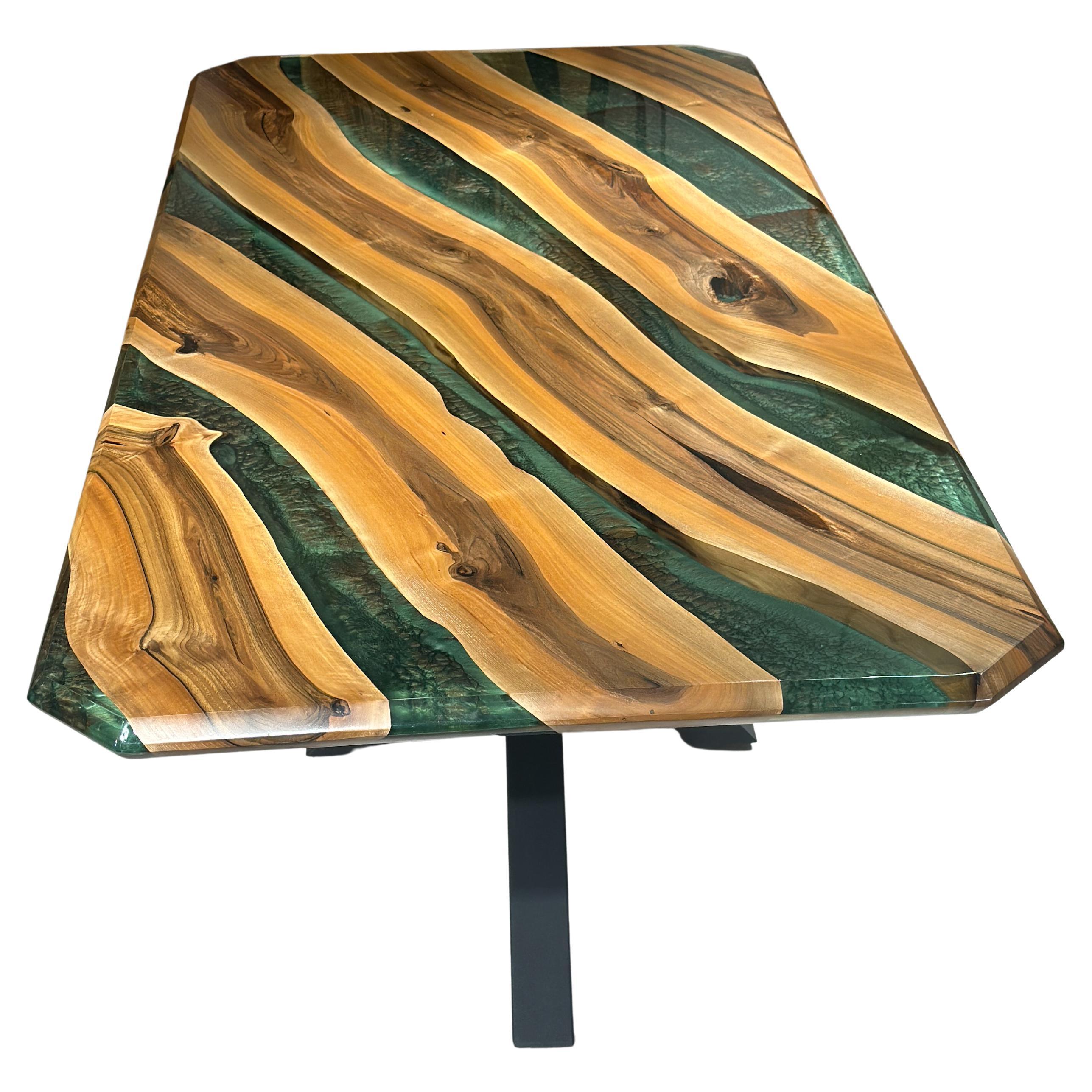 Green Table, Epoxy Resin River Walnut Dining Table For Sale