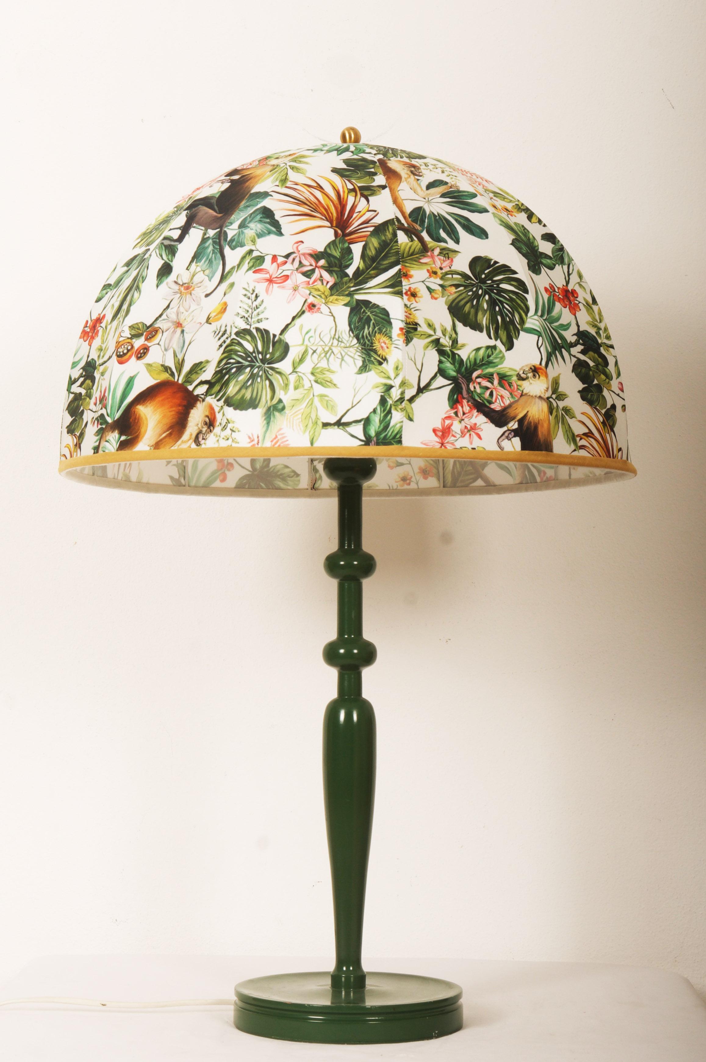 Hardwood frame green painted fitted with 2 E27 sockets up to 100W each and colorful semi spherical shade with jungle motives. Designed in Sweden by Josef Frank in the 1950 for Svenskt Tenn. 
I have one green and two white painted. 