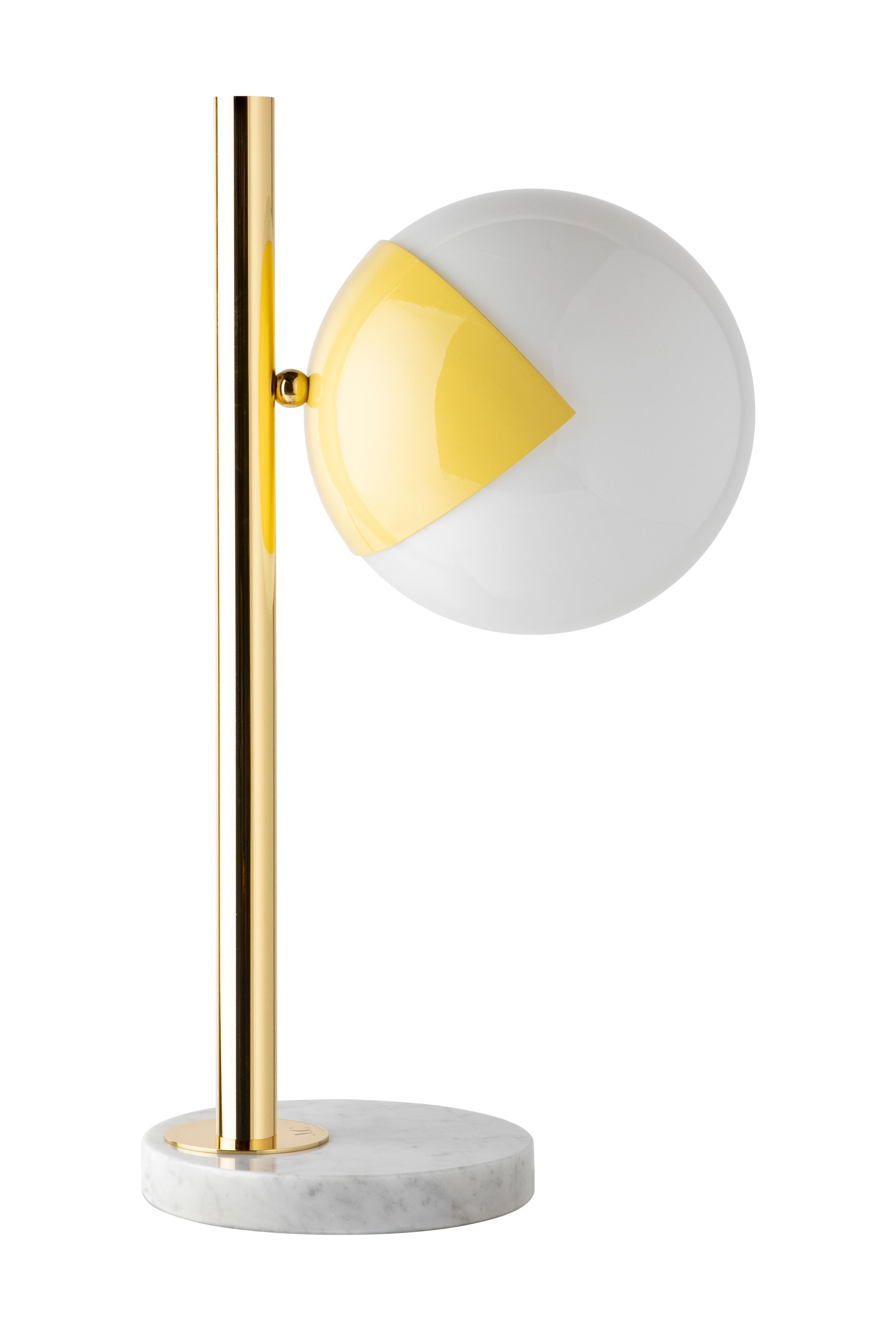 Green table lamp pop-up dimmable by Magic Circus Editions
Dimensions: Ø 22 x 30 x 53 cm 
Materials: Carrara marble base, smooth brass tube, glossy mouth blown glass
Also non-dimmable version available. 

All our lamps can be wired according to
