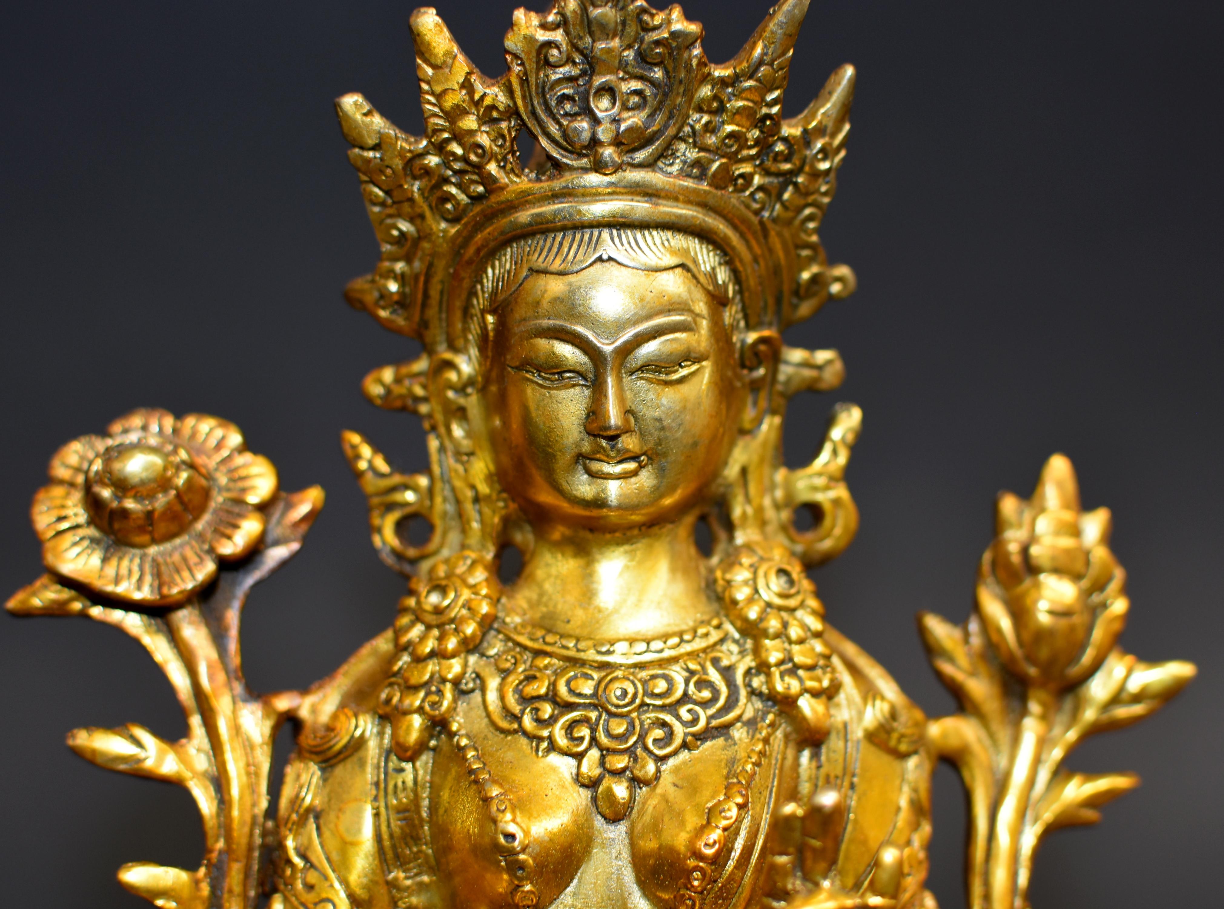 Green Tara Gilt Bronze Tibetan Buddha For Sale 7