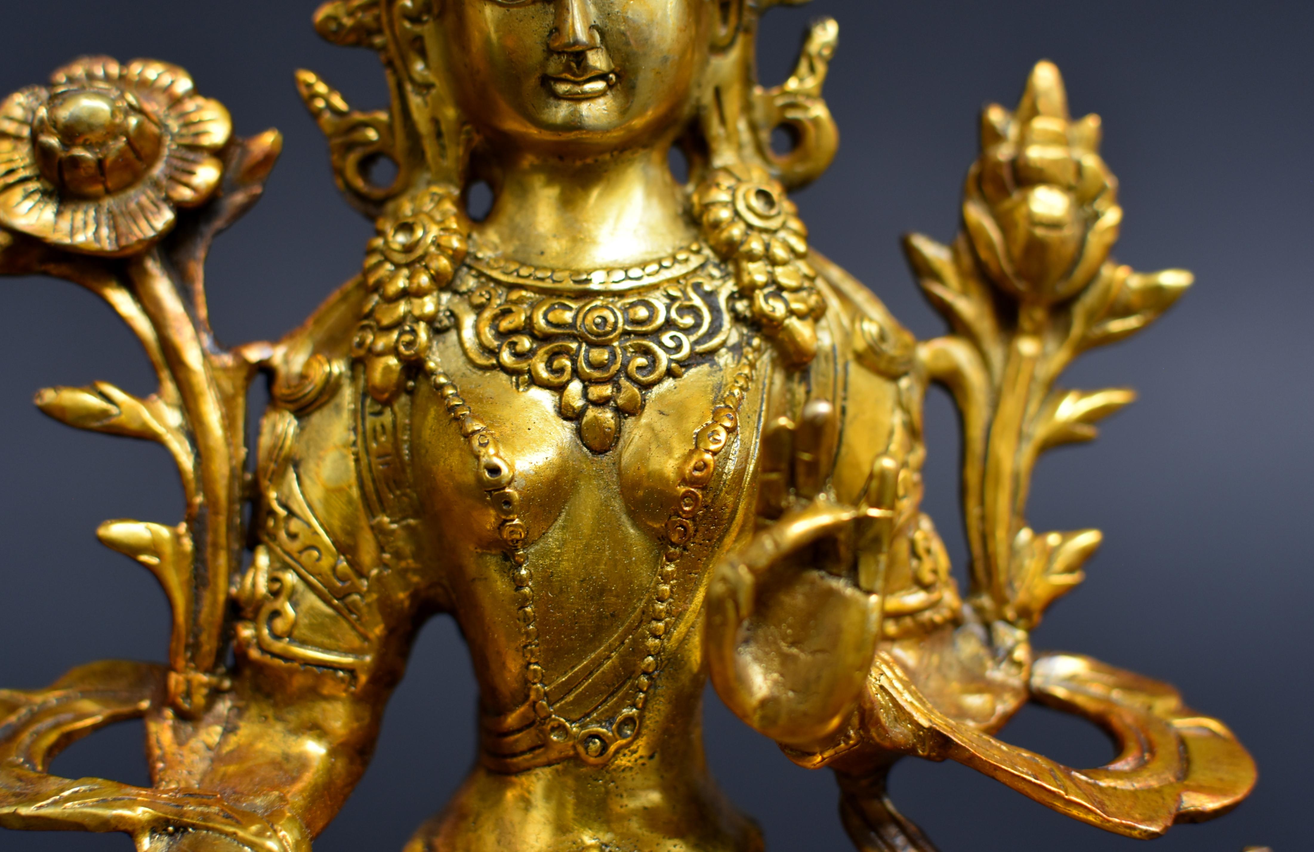 Green Tara Gilt Bronze Tibetan Buddha For Sale 8