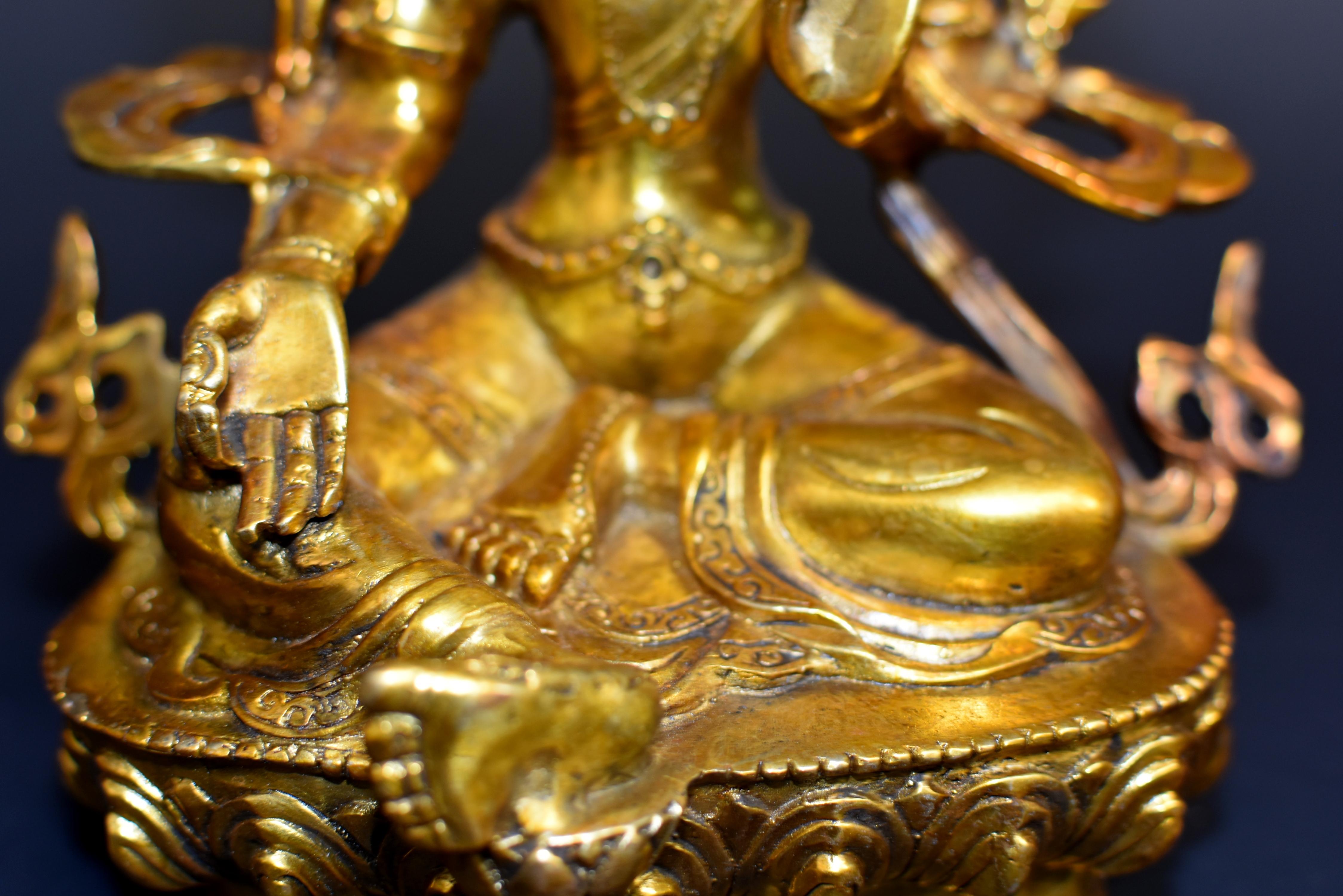 Green Tara Gilt Bronze Tibetan Buddha For Sale 9