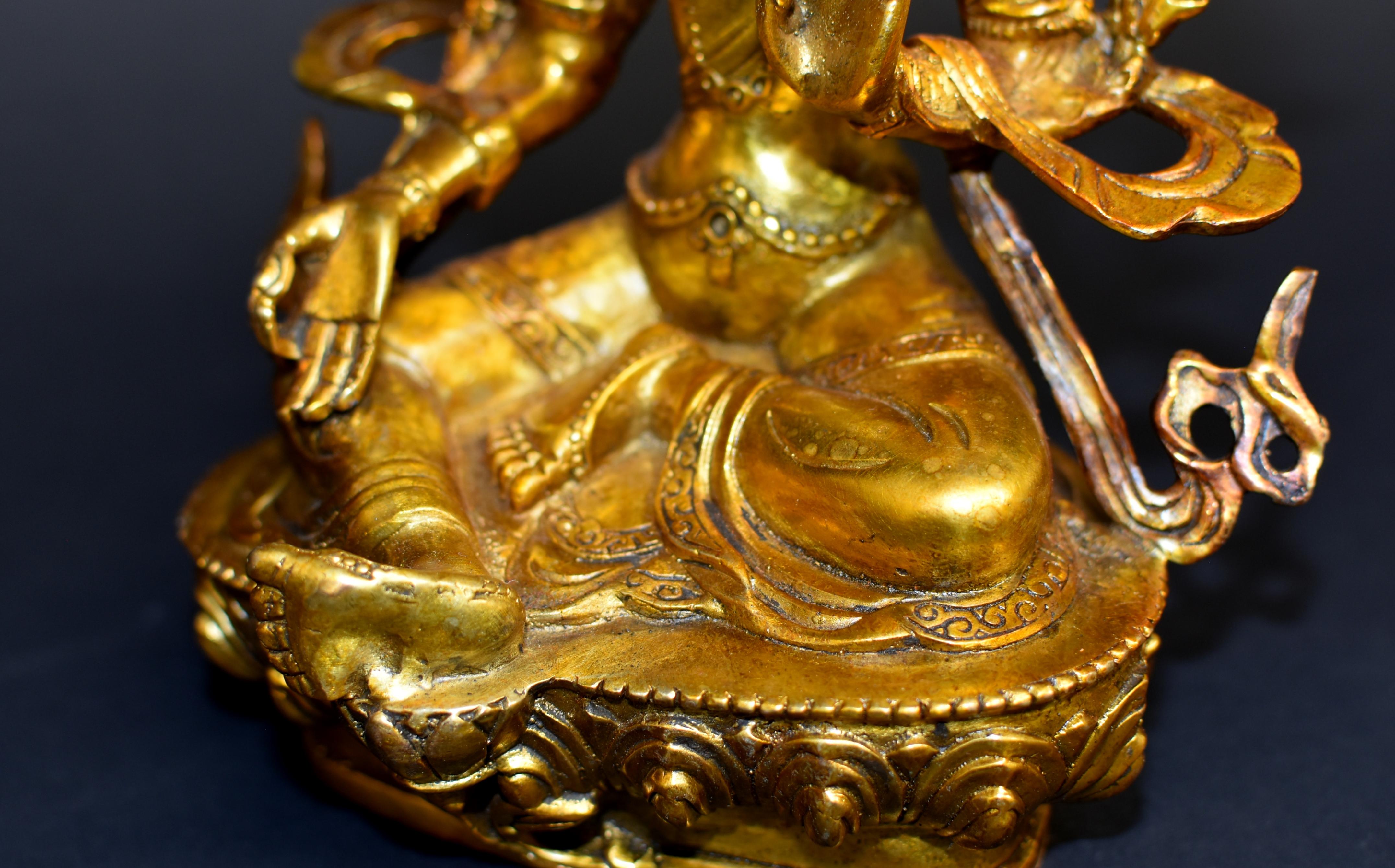 Green Tara Gilt Bronze Tibetan Buddha For Sale 1