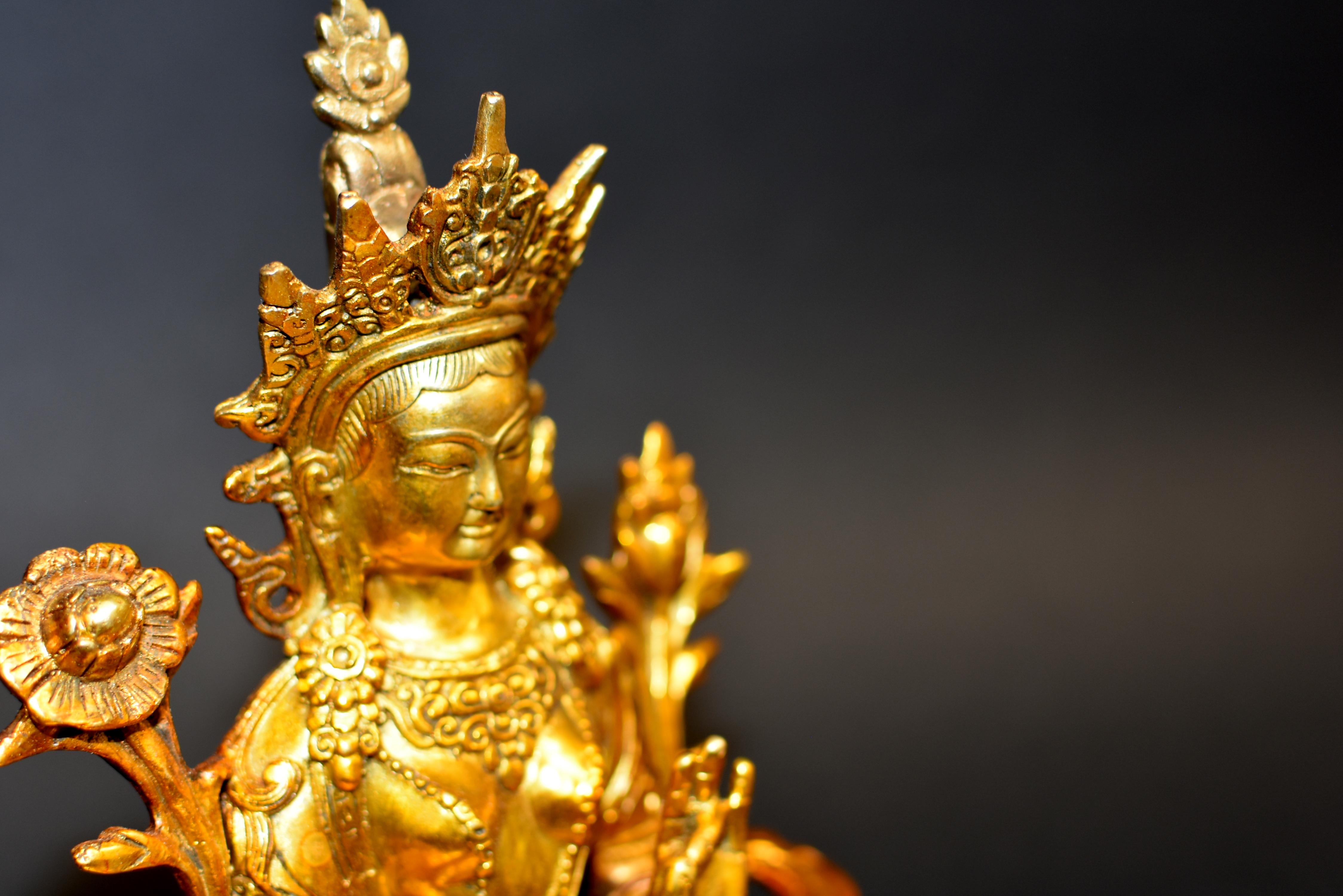 Green Tara Gilt Bronze Tibetan Buddha For Sale 2