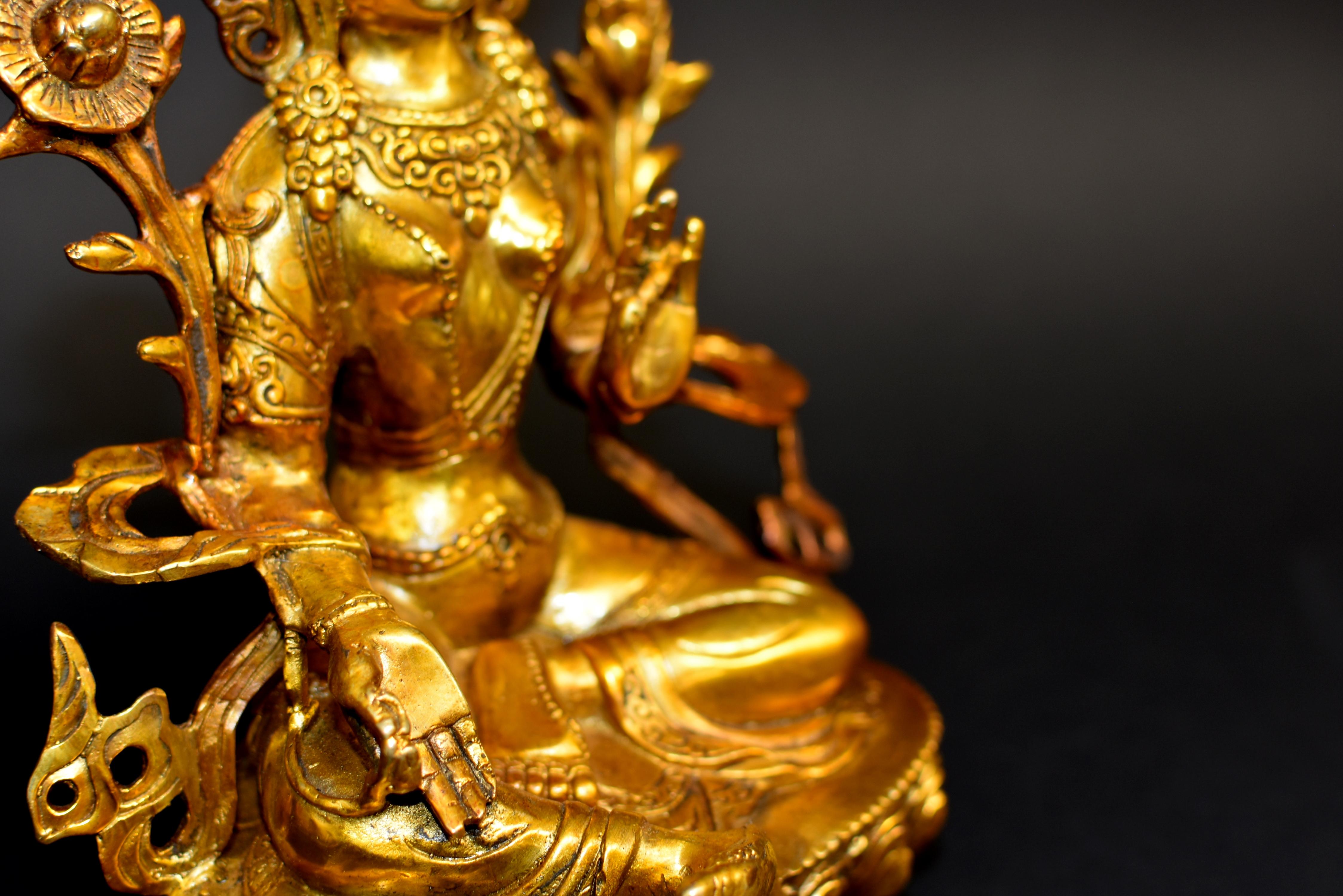Green Tara Gilt Bronze Tibetan Buddha For Sale 3