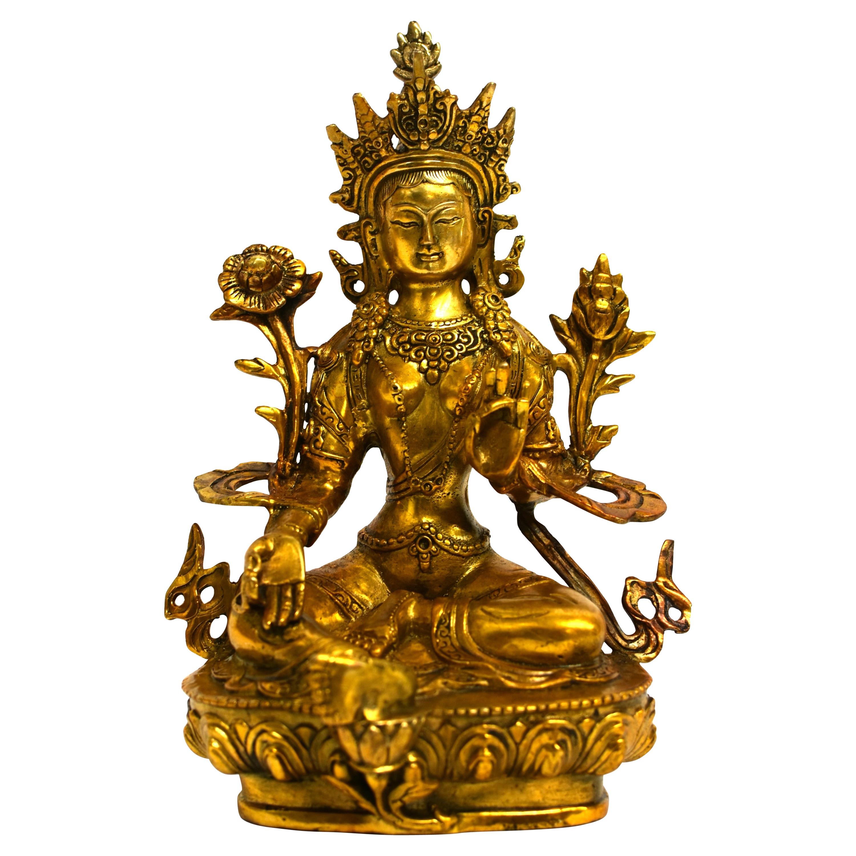 Tibetischer Tara-Buddha aus vergoldeter Bronze in Grün