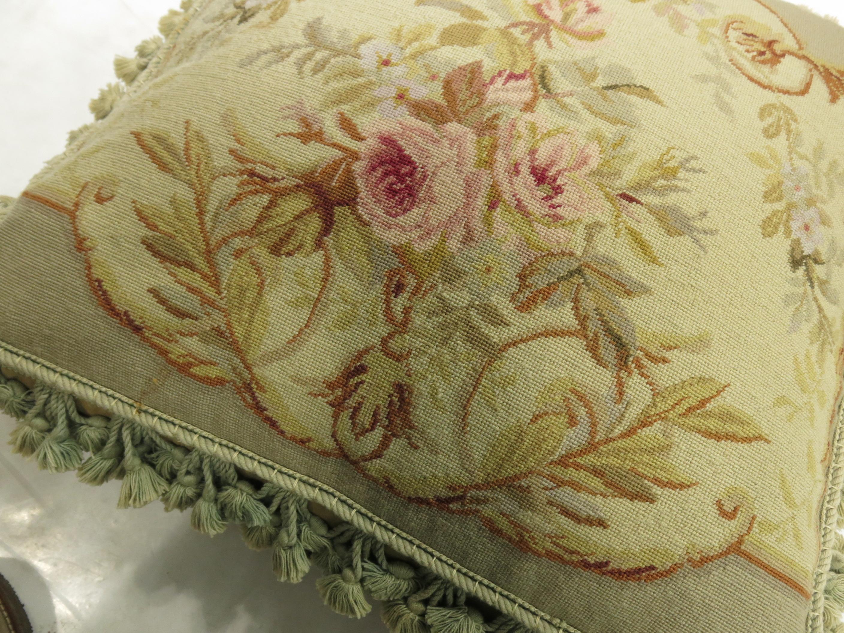 Green Tassel 19th Century Antique French Aubusson Pillow In Good Condition For Sale In New York, NY