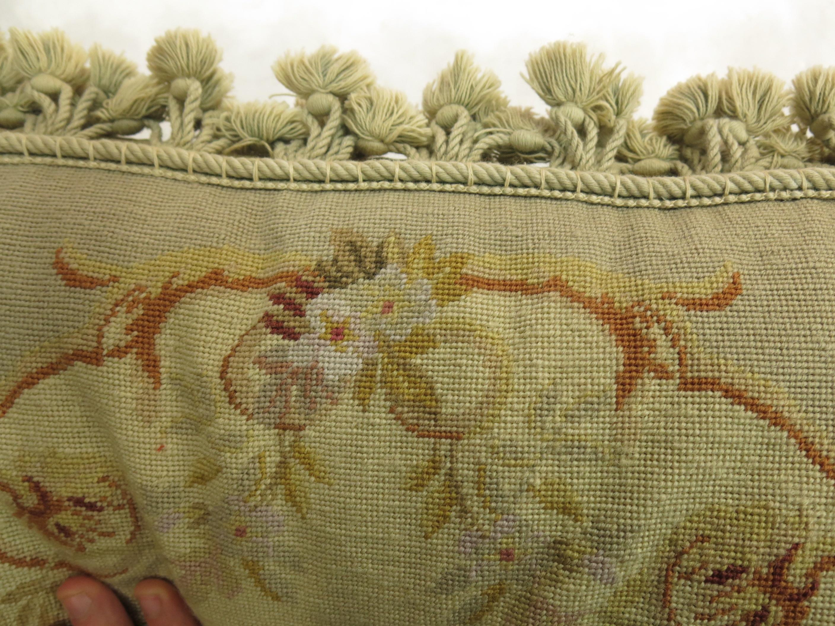 Wool Green Tassel 19th Century Antique French Aubusson Pillow For Sale