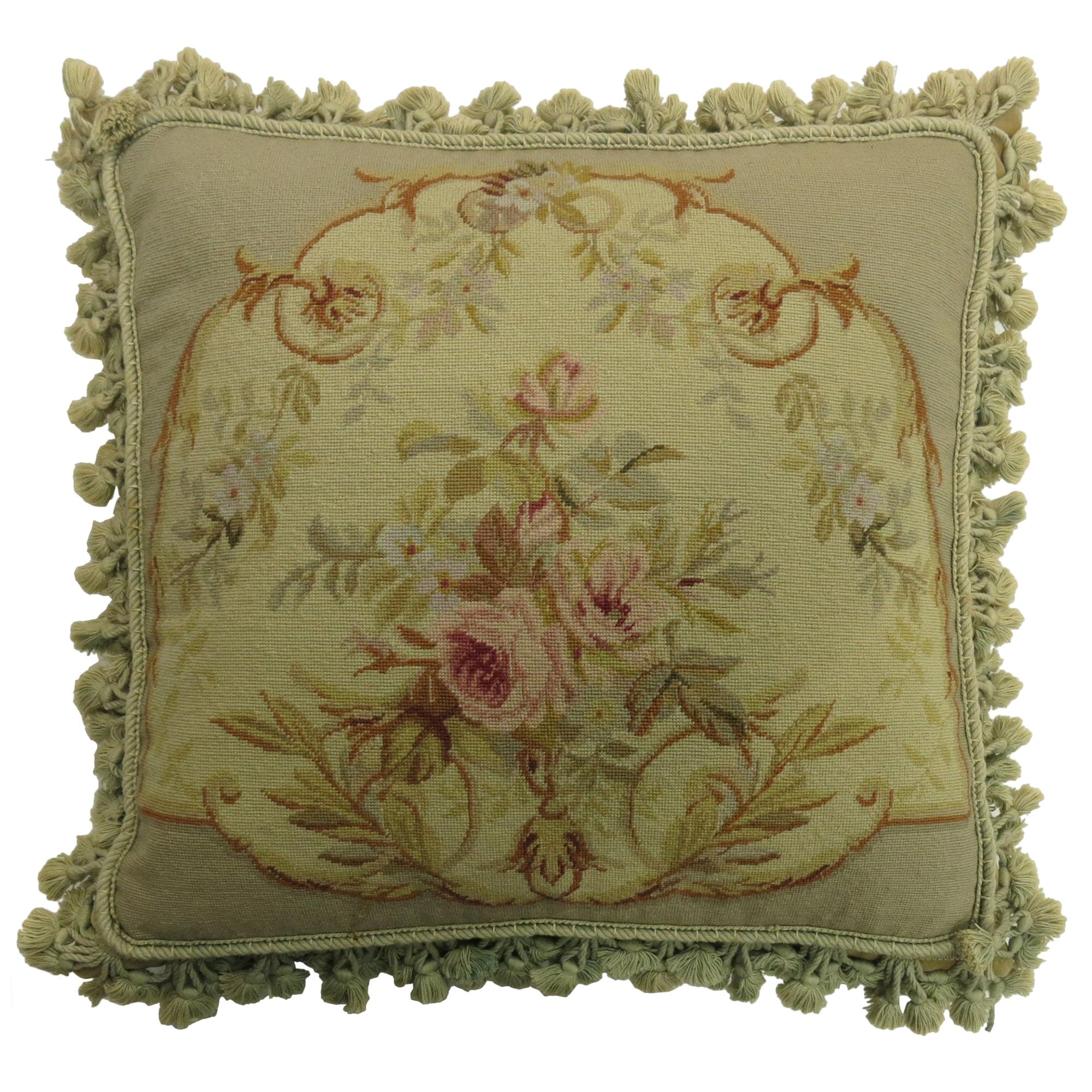 Green Tassel 19th Century Antique French Aubusson Pillow For Sale