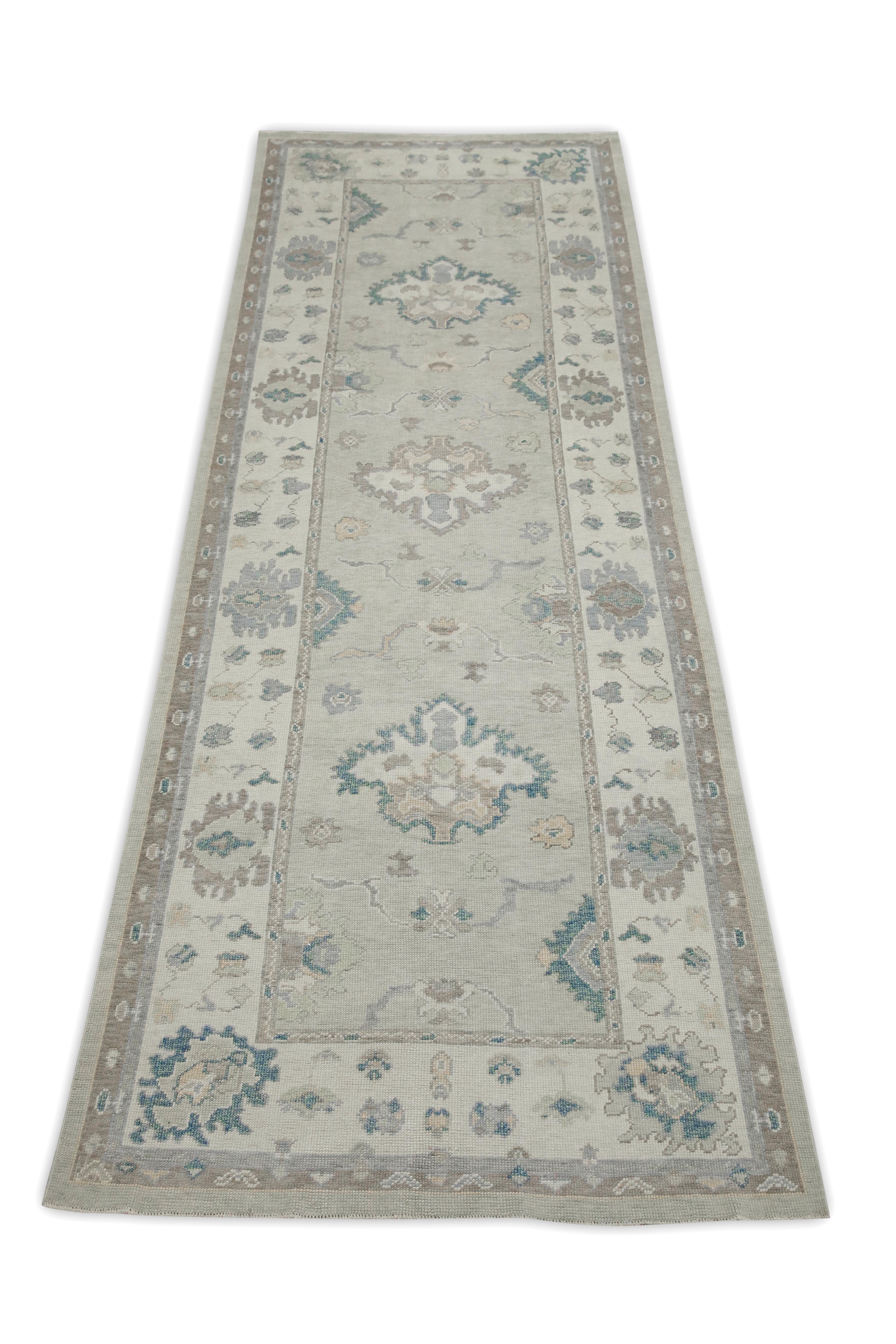 Contemporary Green & Taupe Floral Design Handwoven Wool Turkish Oushak Runner 4'9