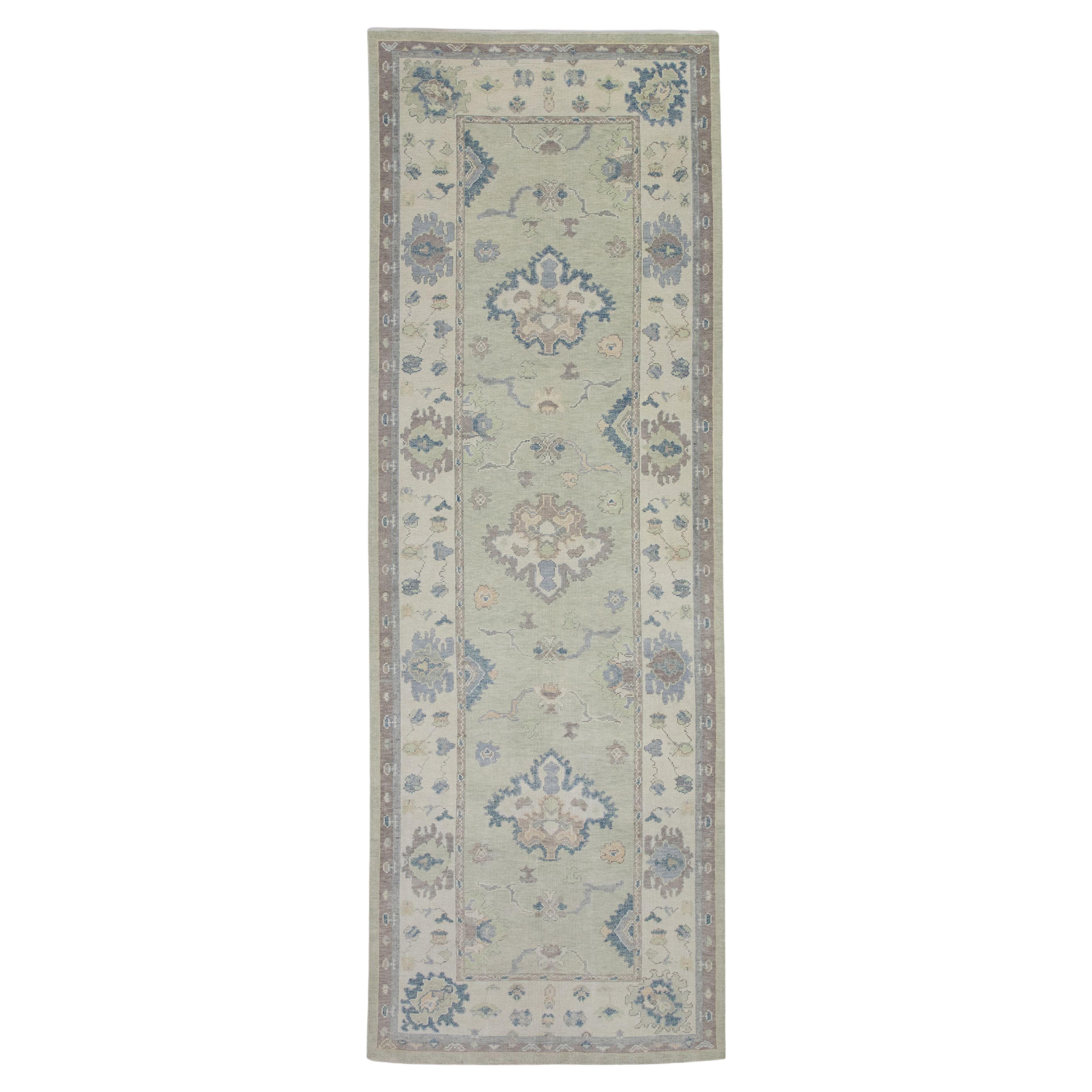 Green & Taupe Floral Design Handwoven Wool Turkish Oushak Runner 4'9" X 13'9" For Sale