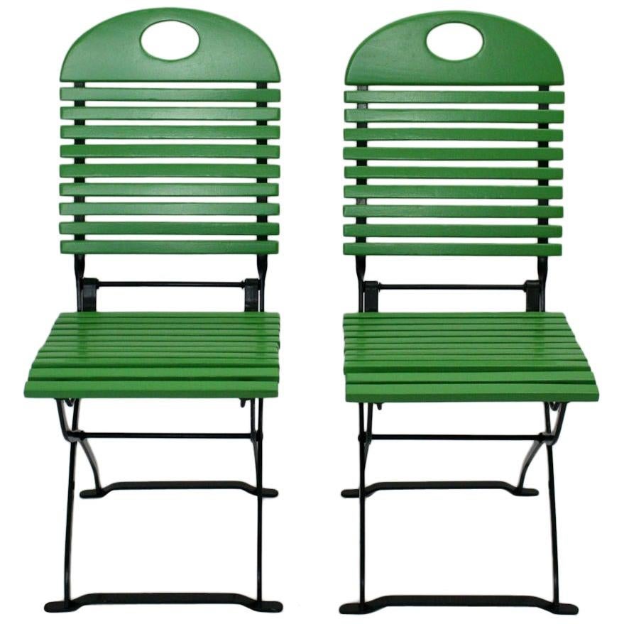 Green Set of Ten Vintage Wood Metal Foldable Garden Patio Dining Chairs, 1980s