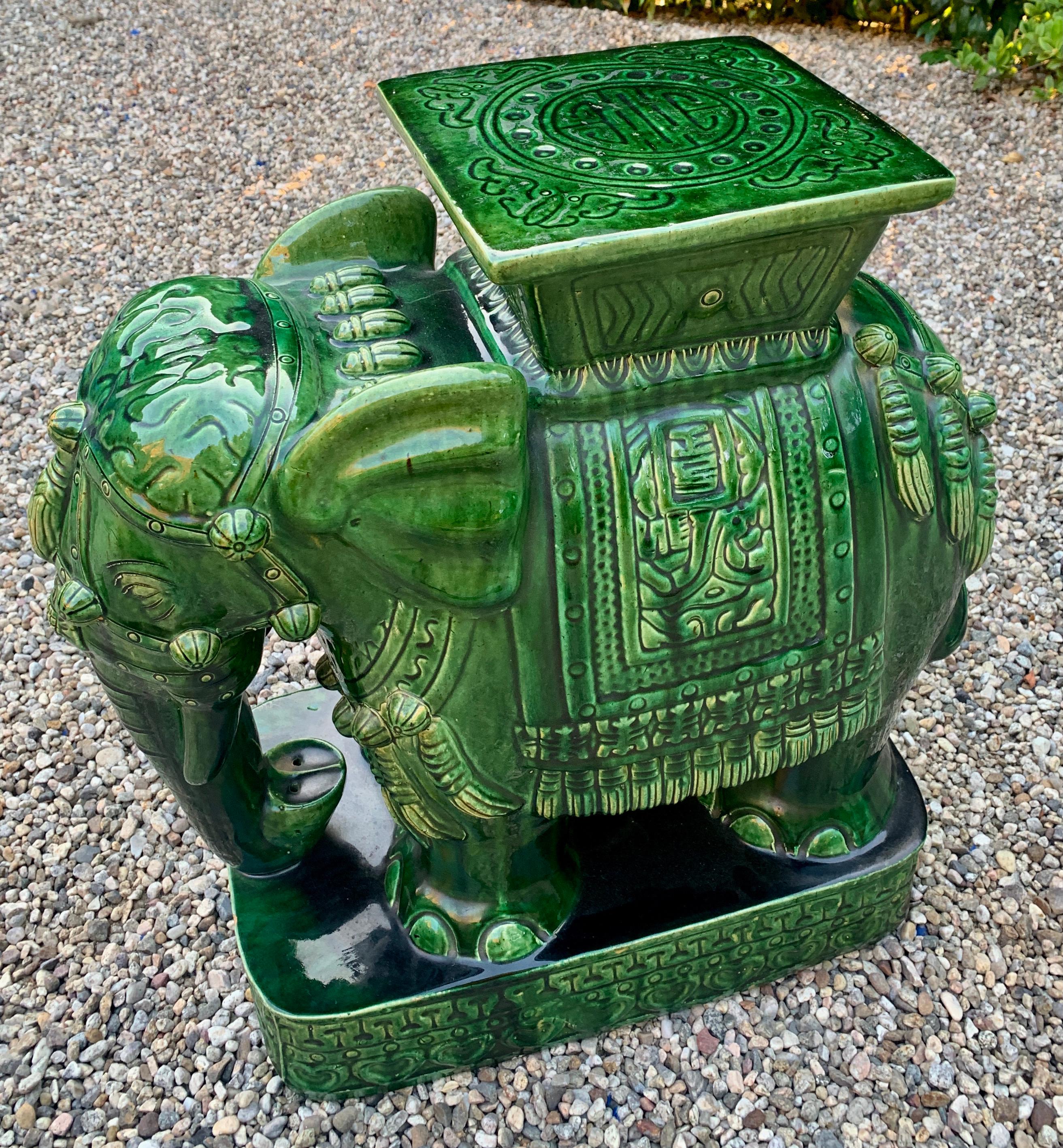 Mid-Century Modern Green Terra Cotta Asian Style Garden Elephant Table or Stool
