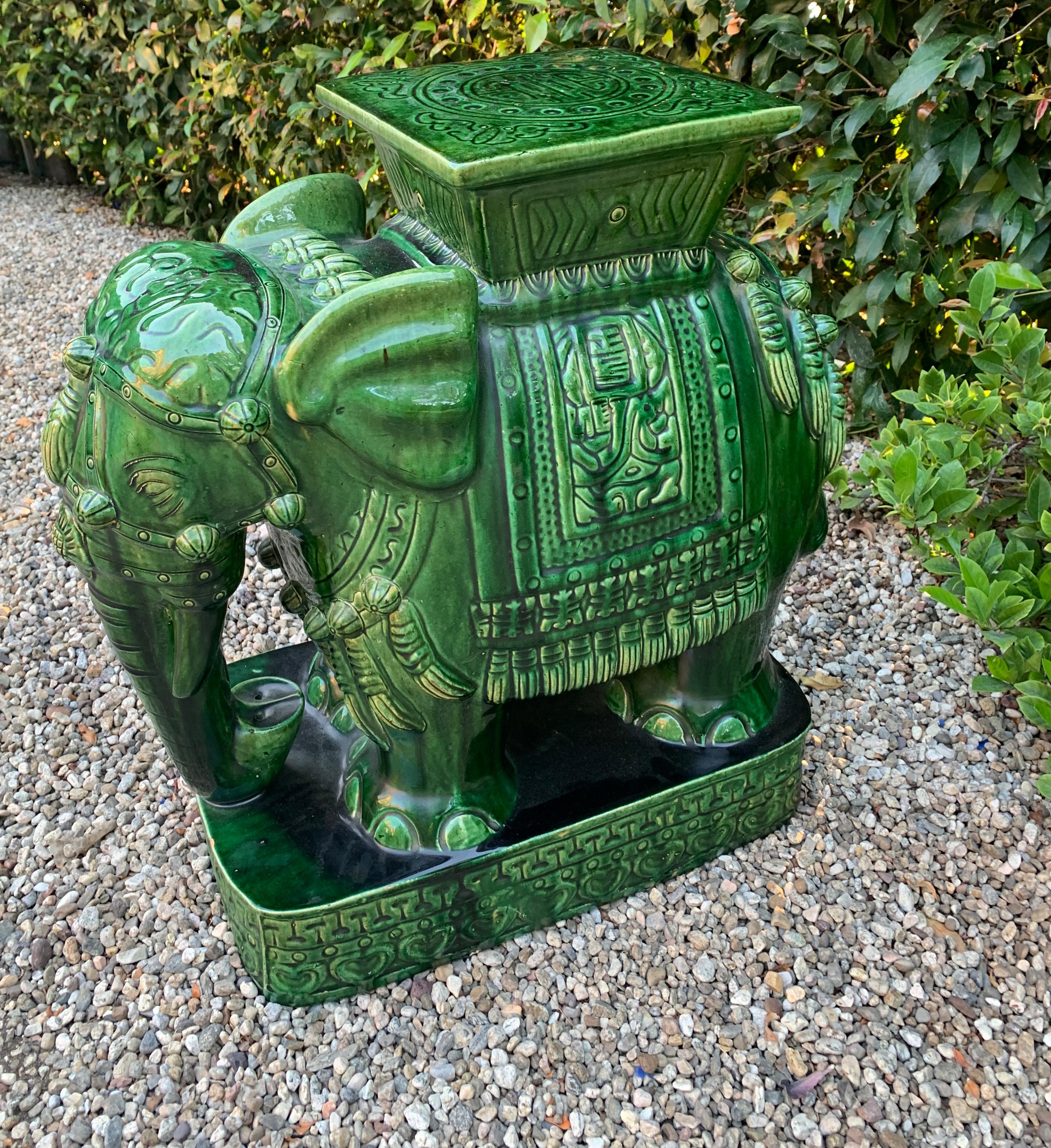 Glazed Green Terra Cotta Asian Style Garden Elephant Table or Stool