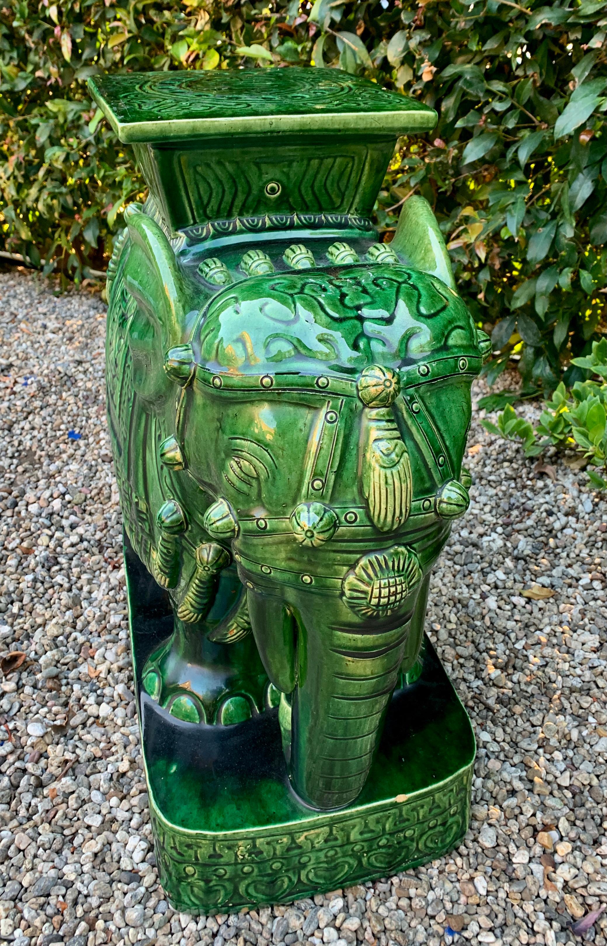 Green Terra Cotta Asian Style Garden Elephant Table or Stool In Good Condition In Los Angeles, CA