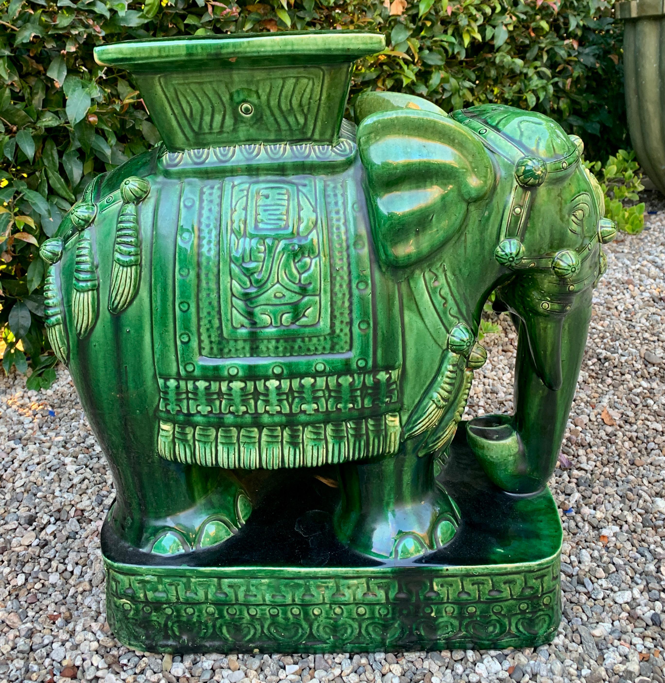 Ceramic Green Terra Cotta Asian Style Garden Elephant Table or Stool