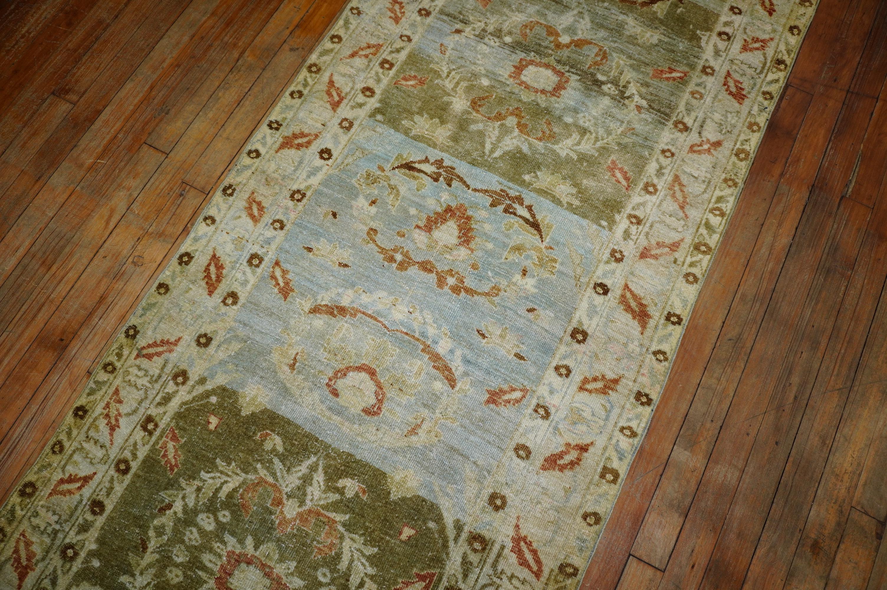 Wool Green Terracotta Long Persian Runner, Early 20th Century For Sale