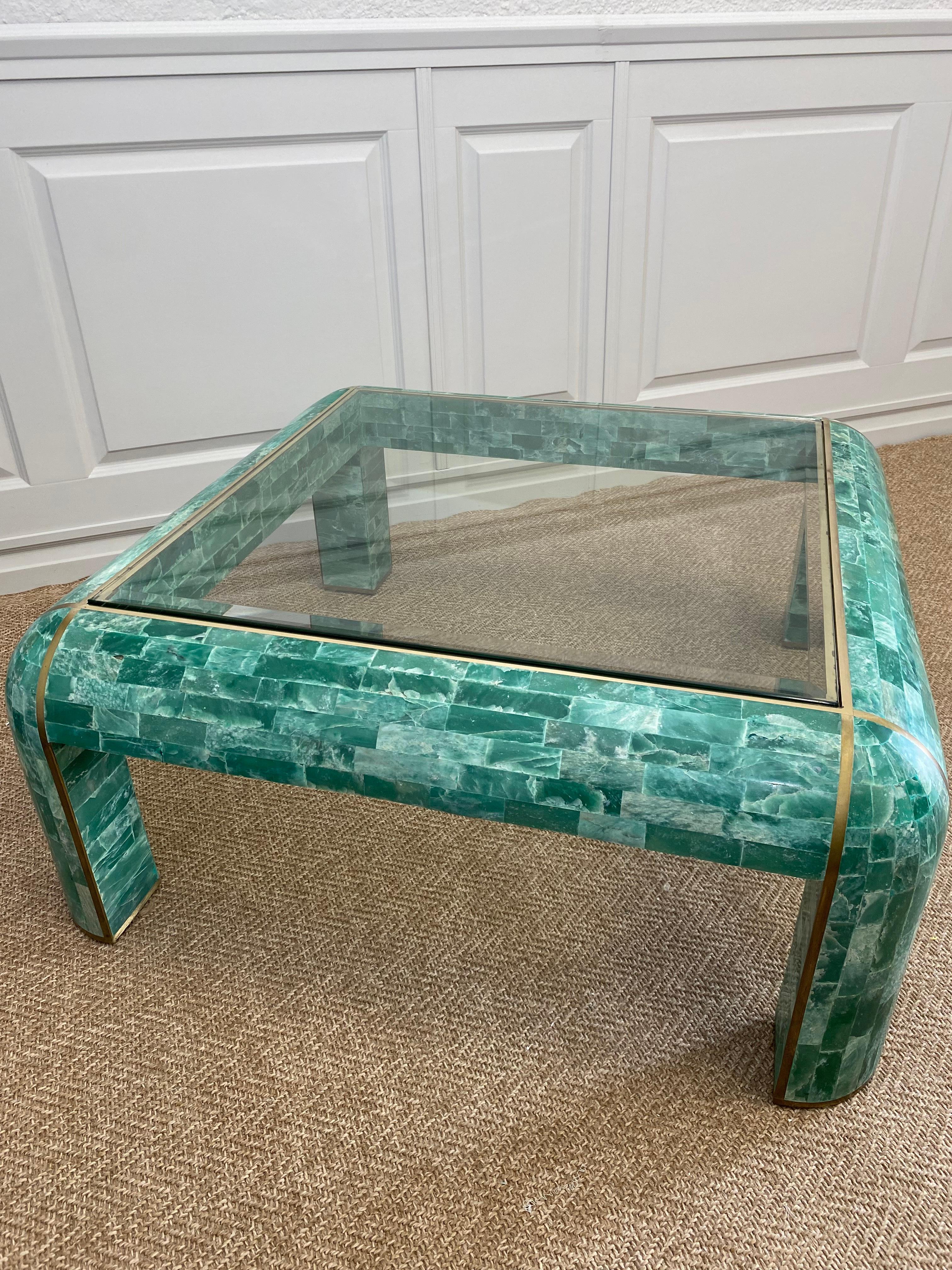 Loungetisch aus grünem Marmor mit Mosaik von Casa Bique 1970s (Travertin) im Angebot