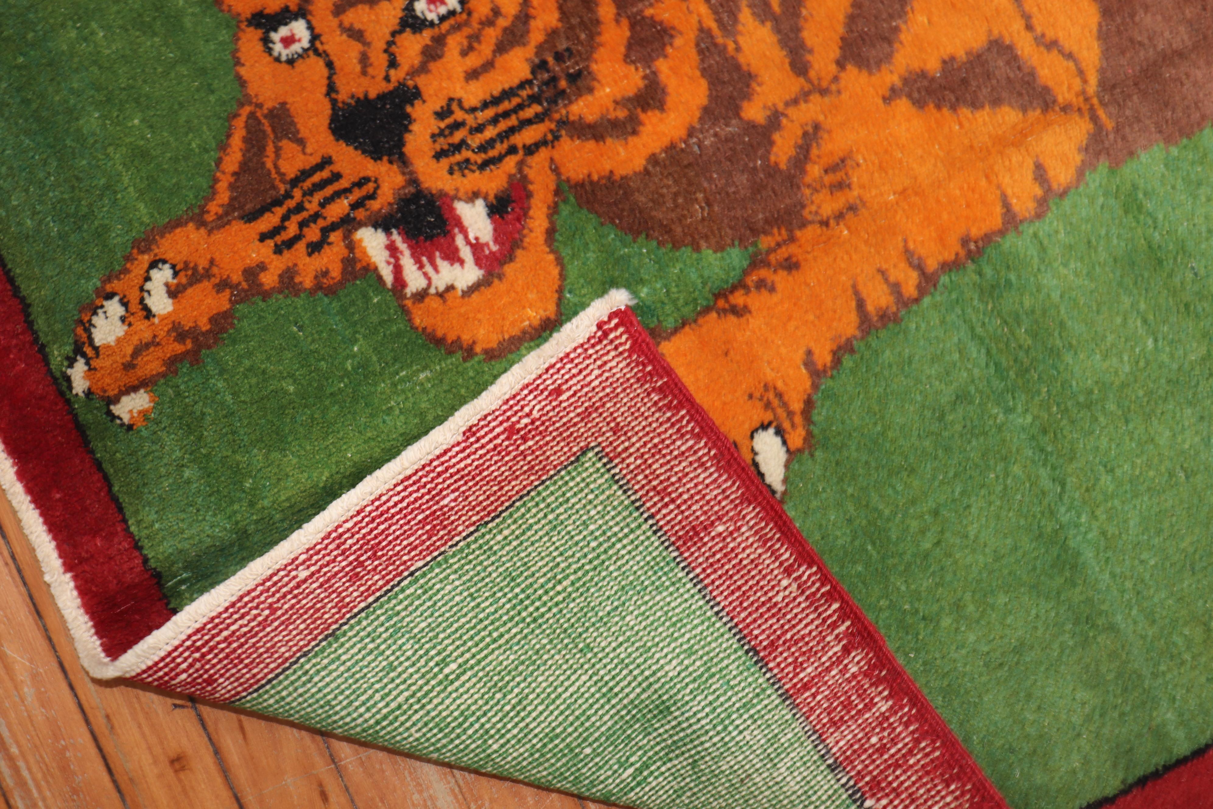 Folk Art Green Tiger Pictorial Turkish 20th Century Wool Rug