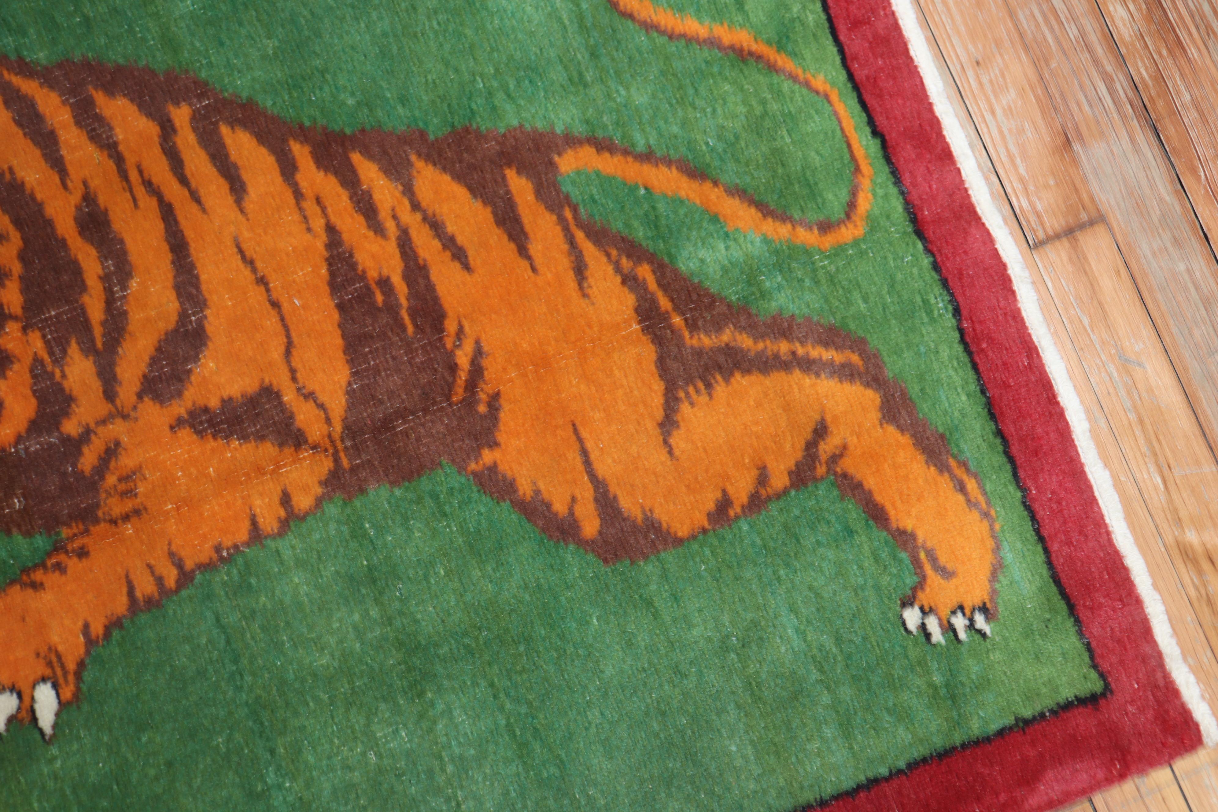 Hand-Knotted Green Tiger Pictorial Turkish 20th Century Wool Rug