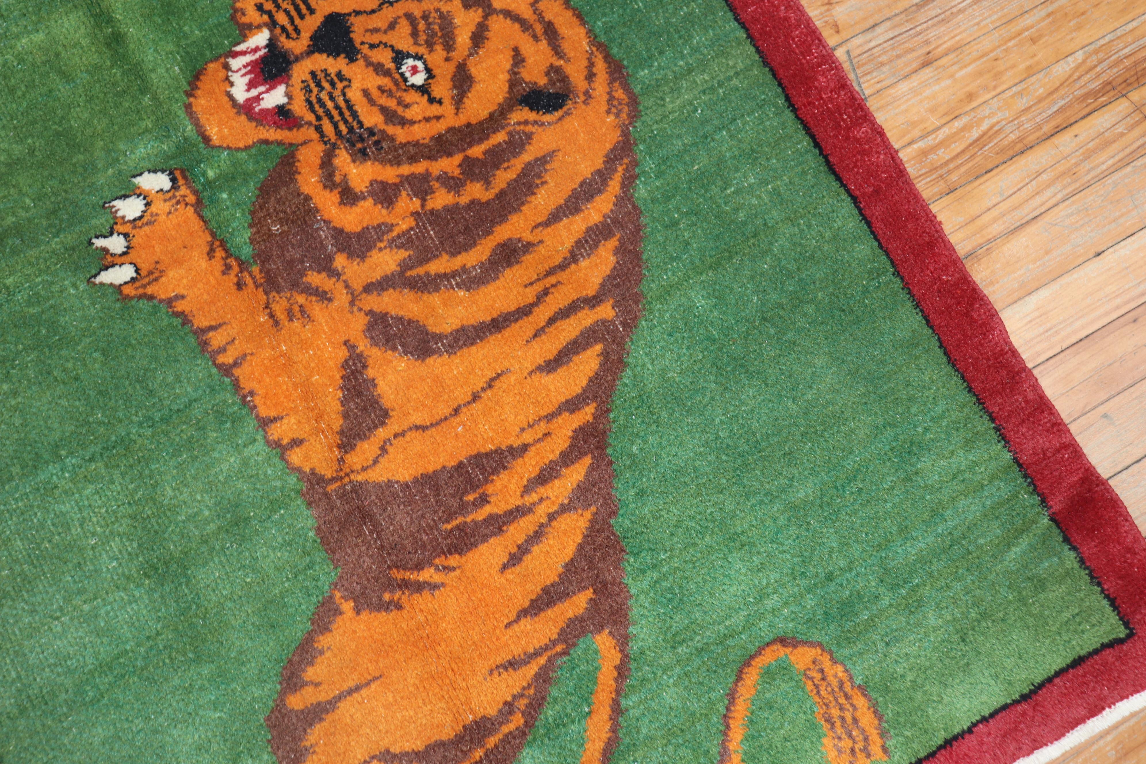 Green Tiger Pictorial Turkish 20th Century Wool Rug In Good Condition In New York, NY