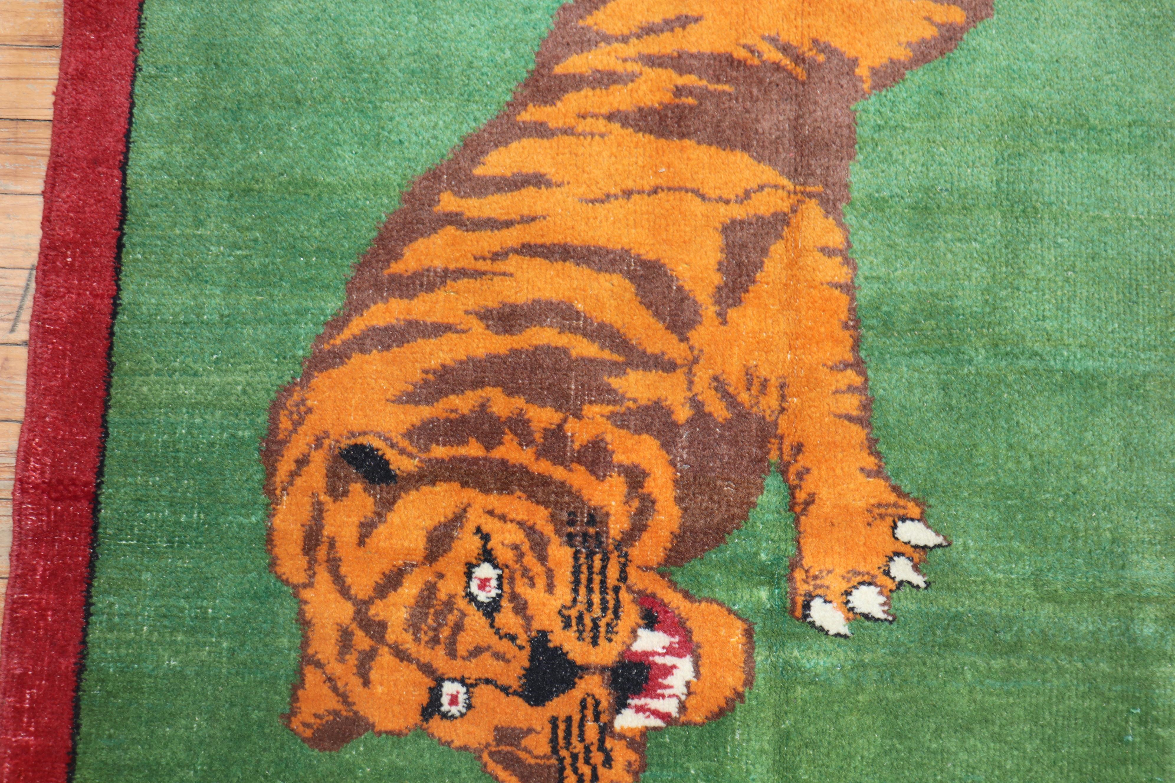 Green Tiger Pictorial Turkish 20th Century Wool Rug 1