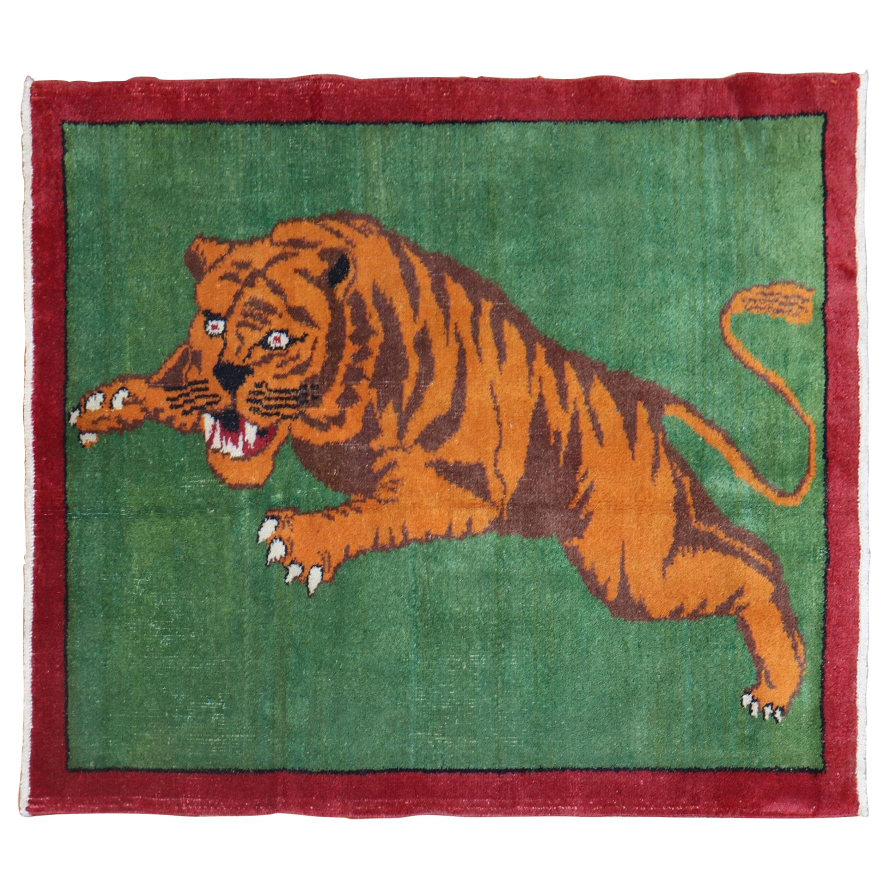 Green Tiger Pictorial Turkish 20th Century Wool Rug