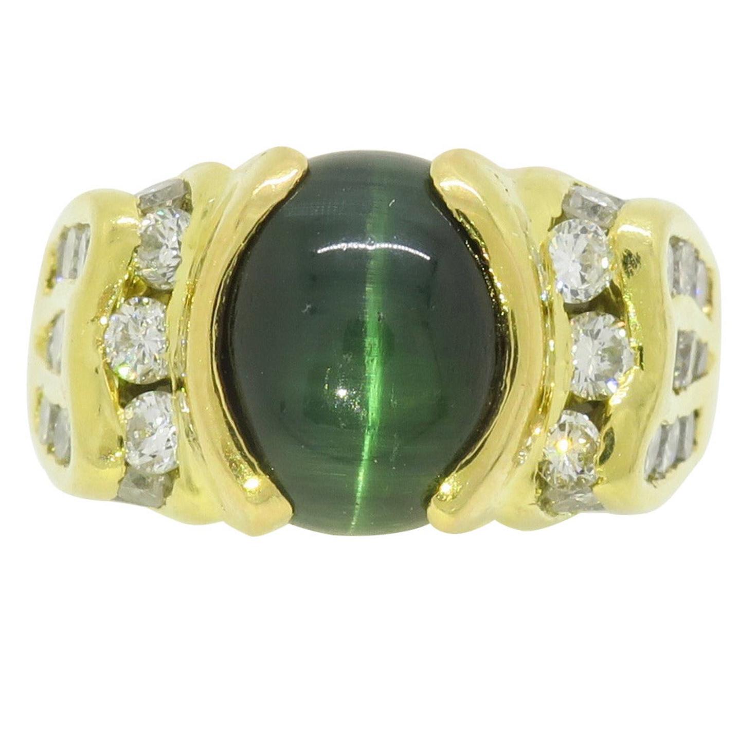 Green Tiger's Eye and Diamond Cocktail Ring