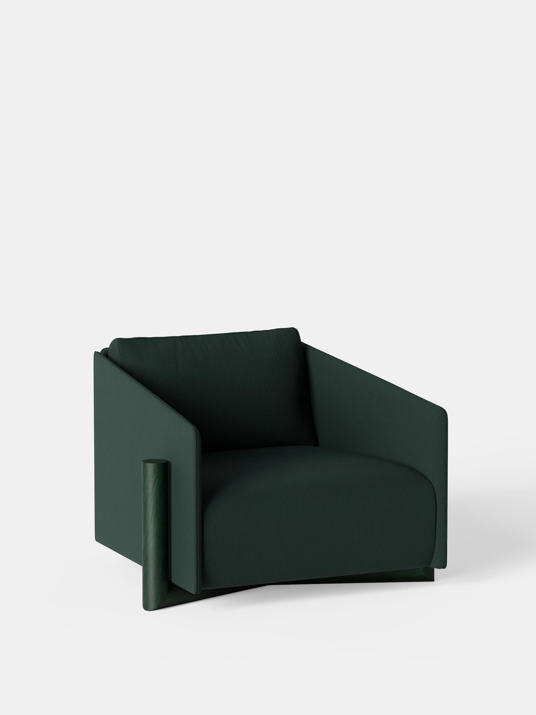 Green Timber Armchair by Kann Design
Dimensions: D 104.5 x W 93 x H 75 cm.
Materials: Solid green oak base, wood frame, elastic belts, HR foam, fabric upholstery Kvadrat Vidar 1062 (94% wool, 6% nylon).
Available in other fabrics.

The strong