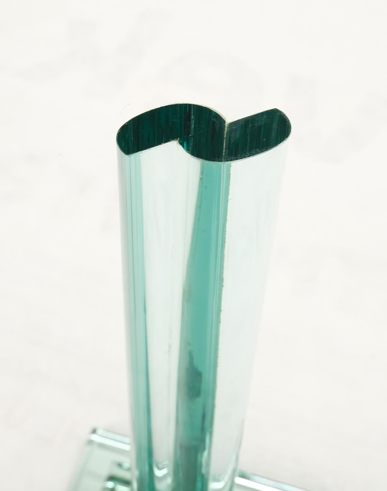 All solid glass green tint round glass end side lamp occasional table stand pedestal mid century.