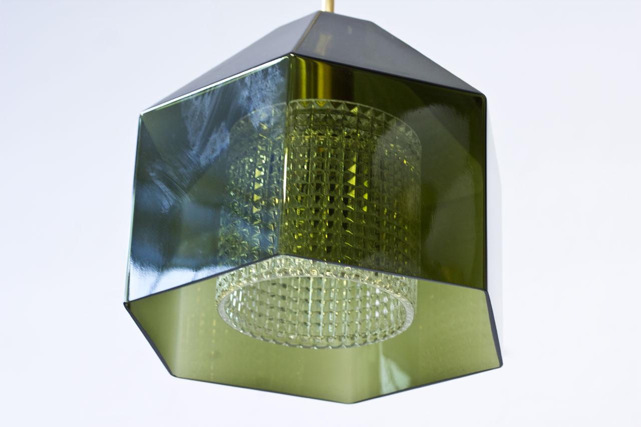 Swedish Green Tinted Glass & Brass Pendant Lamp by Carl Fagerlund for Orrefors, Sweden For Sale